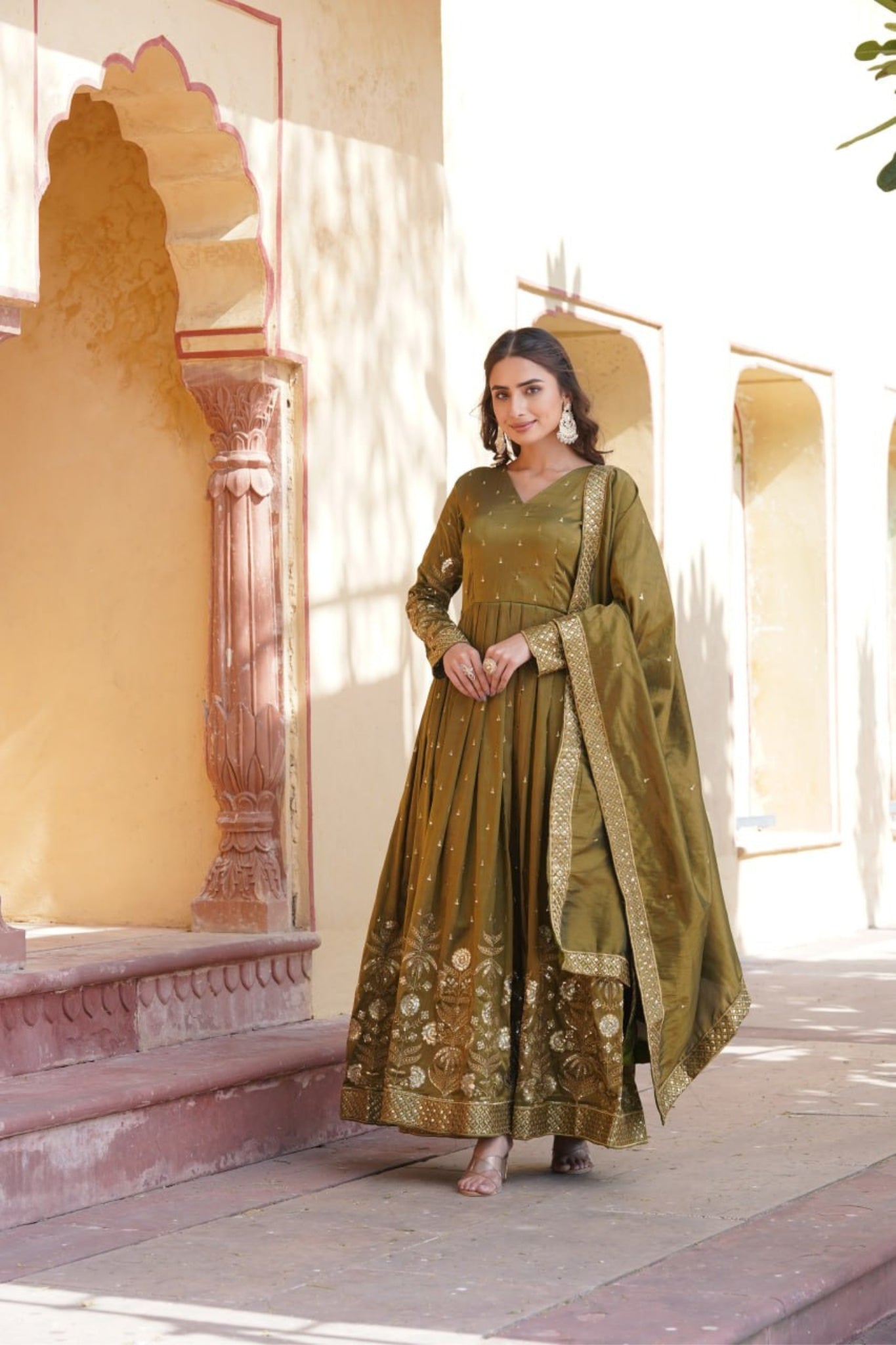 Viscose Embroidery Zari Sequins Work Gown With Dupatta Set