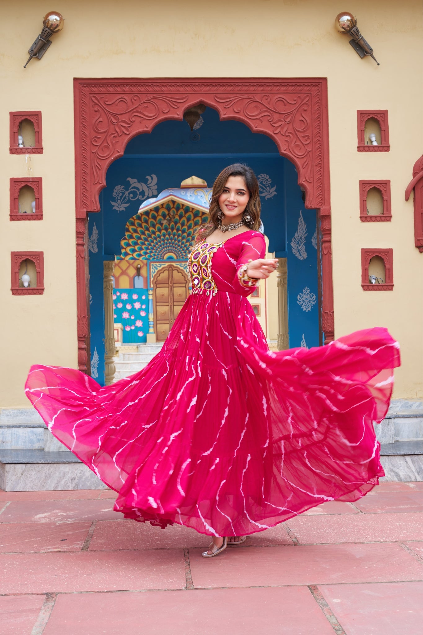 Stunning Laheriya Print With Kutchi Patch Work Georgette Stylish Navratri Gown