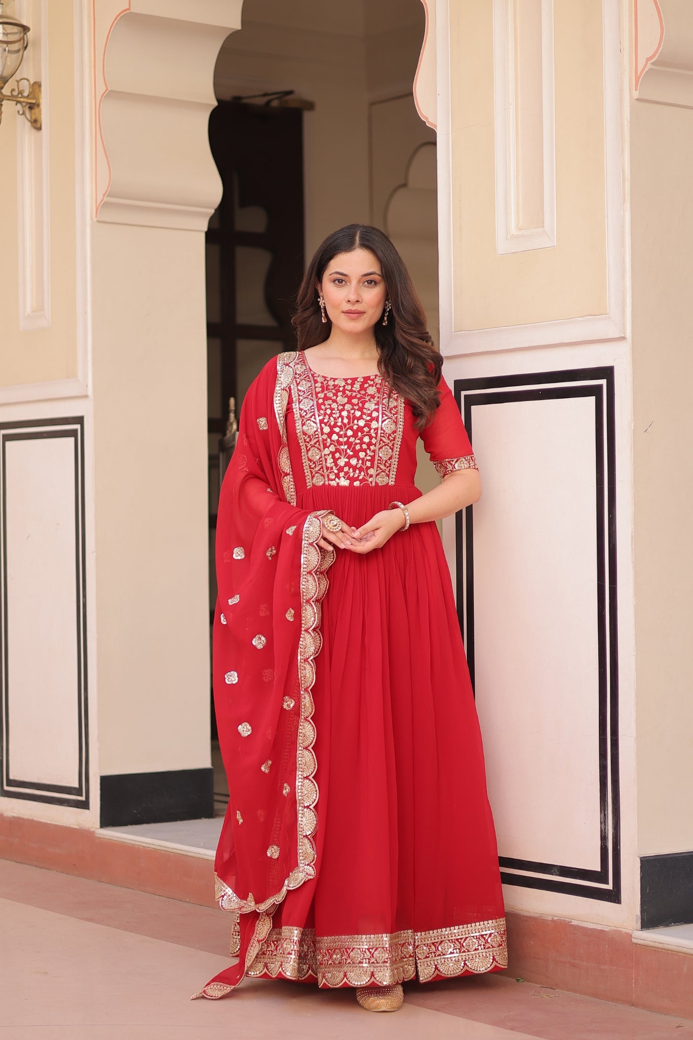 Embroidery Zari Sequins Work Designer Gown With Dupatta Set