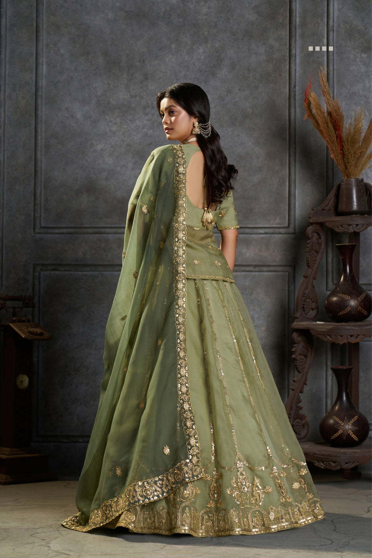 Pure Organza Embroidered Designer Sage Green Wedding & Festive Lehenga Choli With Sequin Work Dupatta
