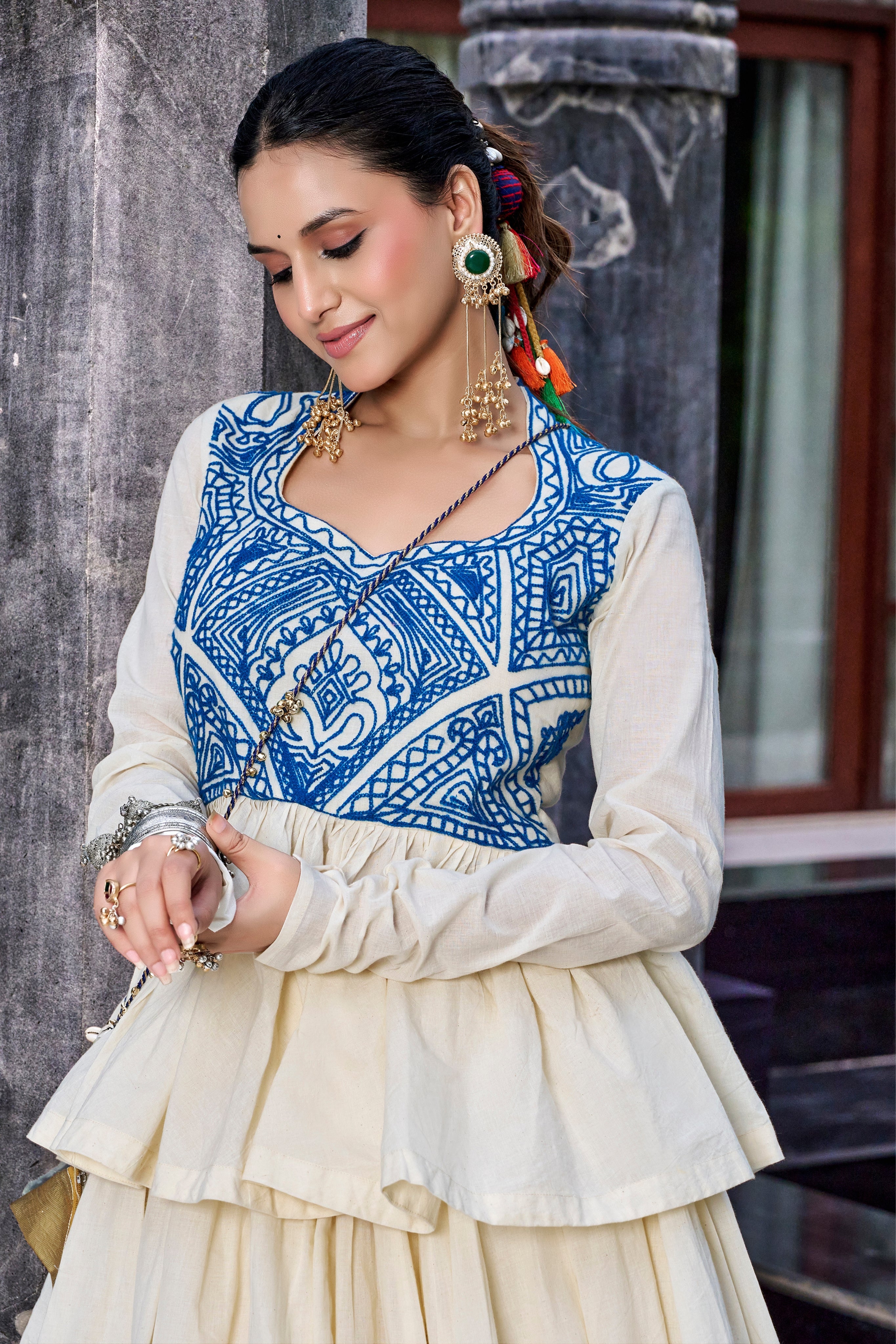 Ivory Pure Cotton Kashida Work Lehenga Choli With Blue Yoke And Purse
