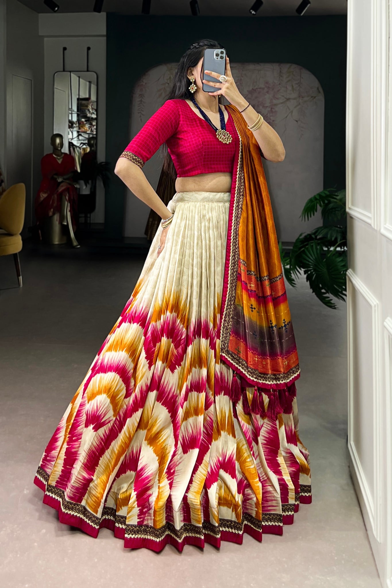 Tasar Silk Tie Dye Lehenga Set With Printed Dupatta And Chex Blouse