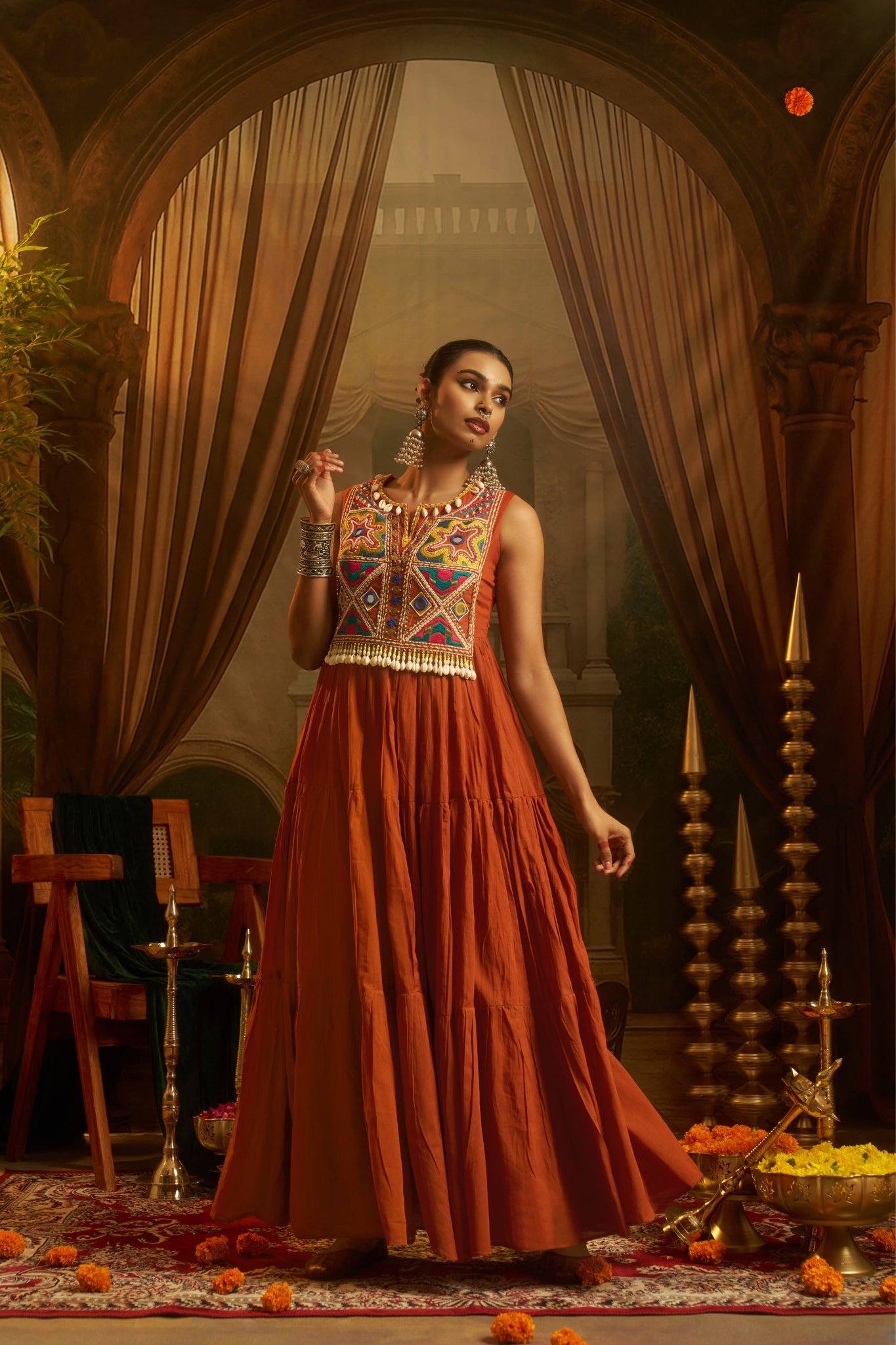 Rust Orange Tiered Anarkali Dress With Hand Embroidered Yoke & Cowrie Shell Fringe