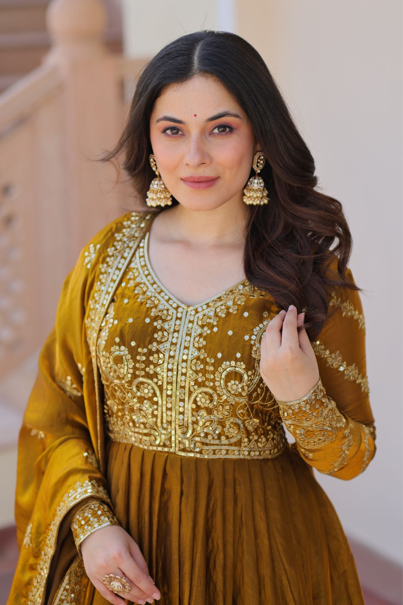 Designer Sequins Multi Embroidered Work Women Gown With Dupatta