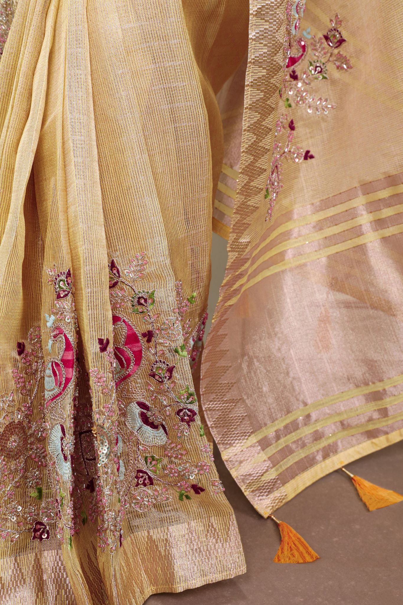 Premium Zari Kota Tissue Saree | Embroidery Beads Work Zari Weaving Border