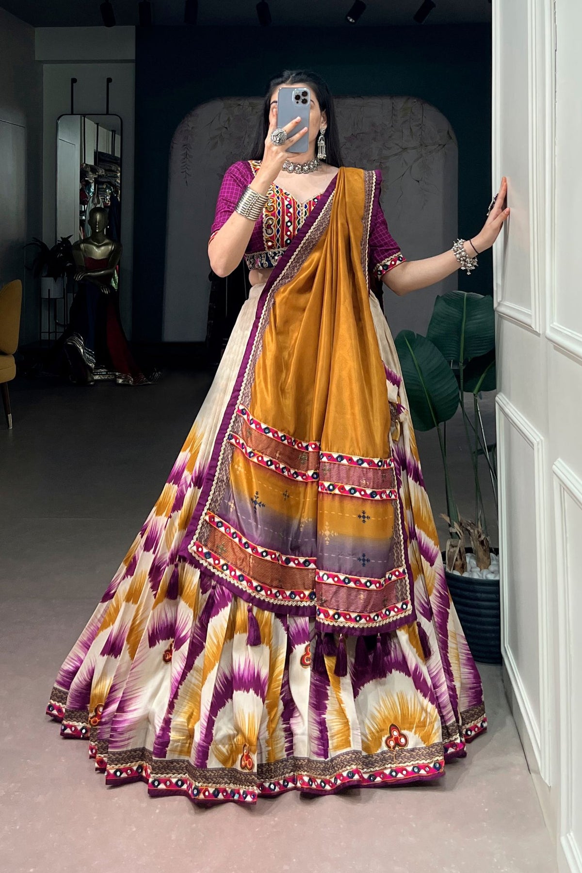Tasar Silk Tie & Dye With Gamthi Work Navratri Lehenga Choli