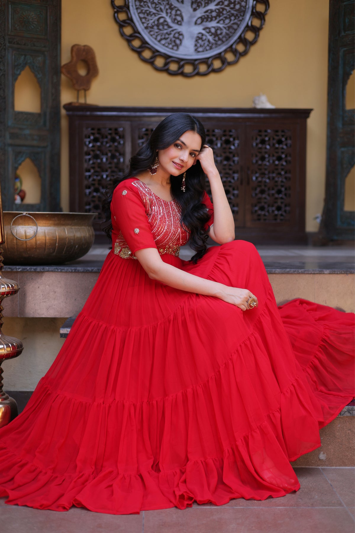 Rani Pink & Red Faux Blooming Designer Sequins Embroidered Tiered Flared Anarkali Gown