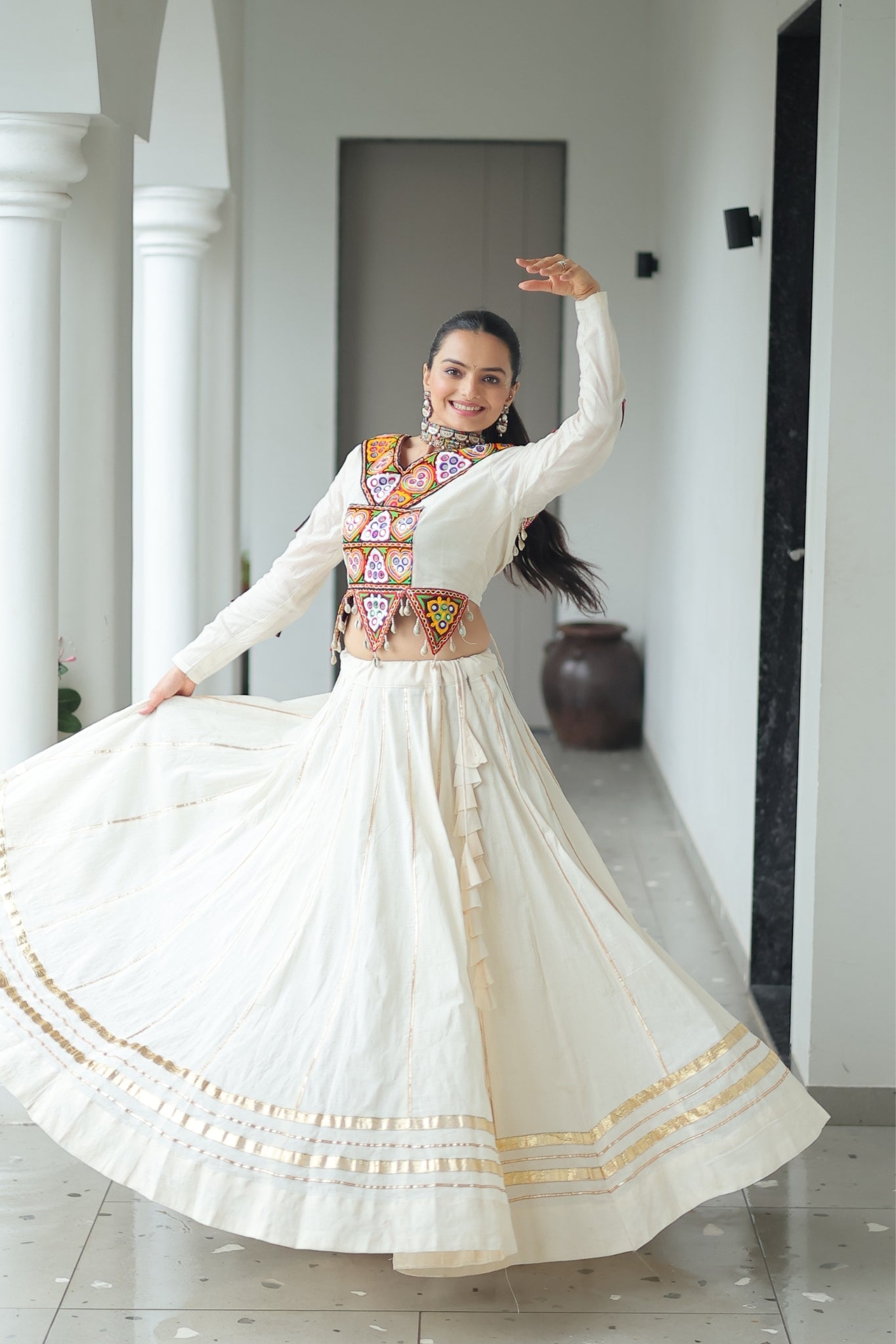 Off White Cotton Kutchi Gamthi Work With Gota Patti Lace Touch up Navratri Designer Lehenga choli