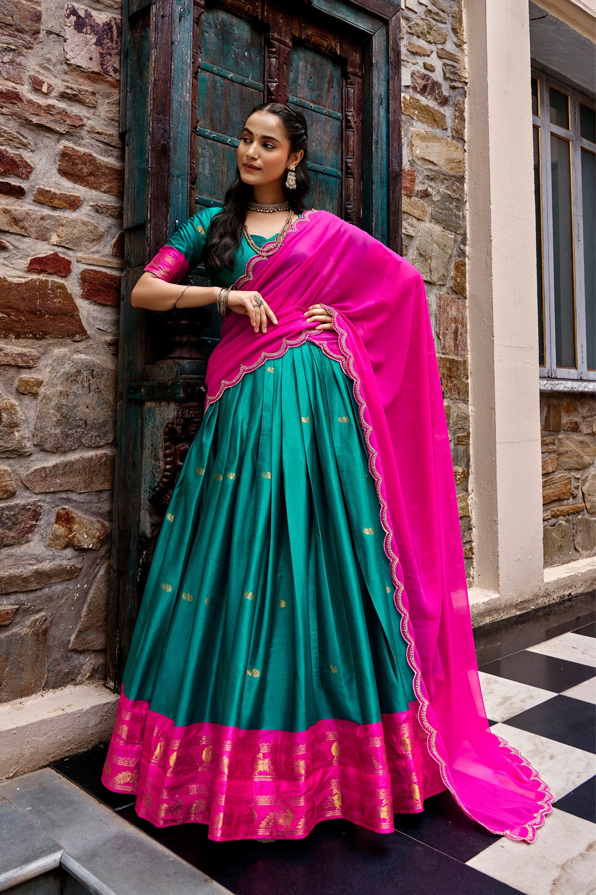 Buy South Indian Cotton Silk Lehenga Choli With Zari Woven Border