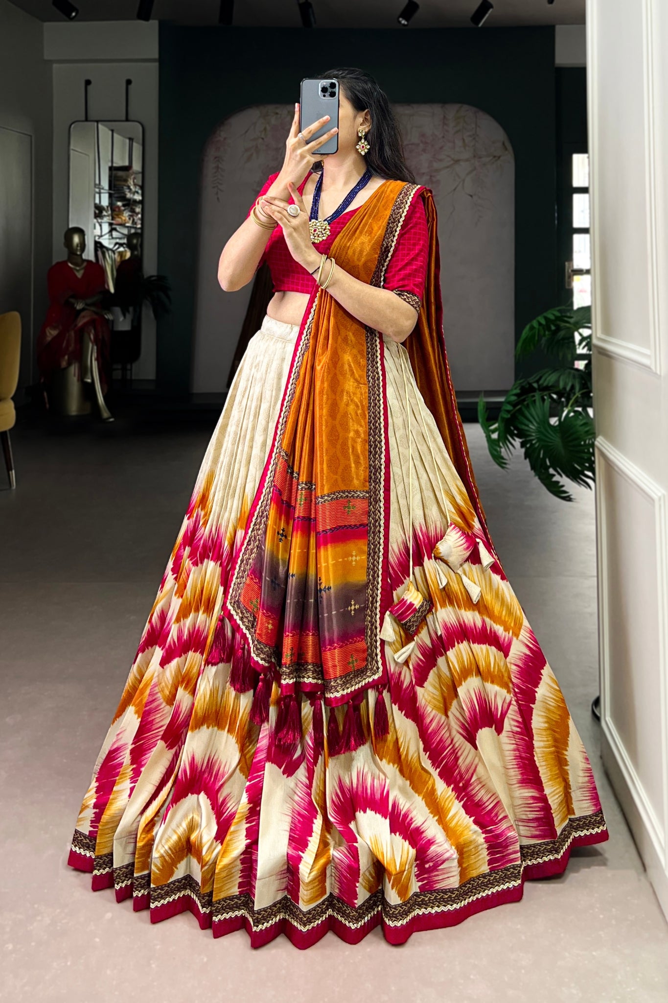 Tasar Silk Tie Dye Lehenga Set With Printed Dupatta And Chex Blouse