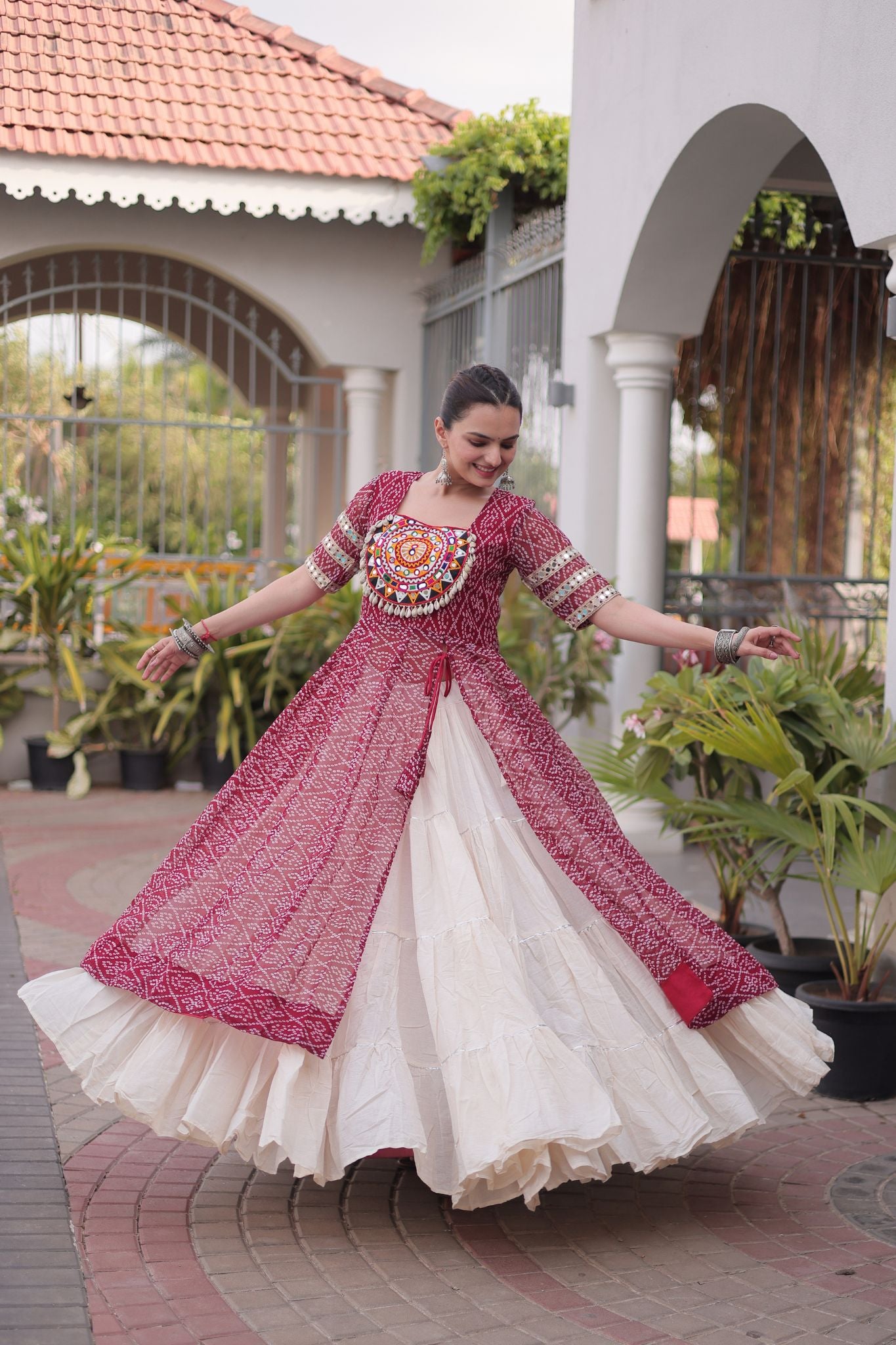 Raasrang Navratri Designer Kora Cotton Lehenga With Kutchi Patchwork Bandhani Print Kurti For Garba & Dandiya