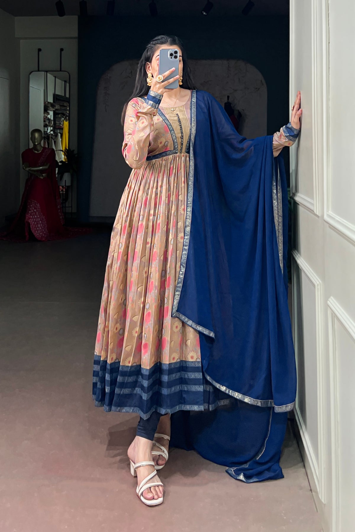 Tasar Silk Floral Print Anarkali Dress with Foil Work & Georgette Lace Border Dupatta