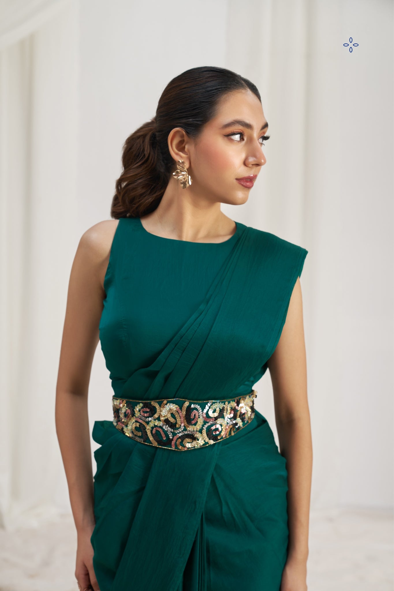 Teal Green Royale Luxe Organza Saree With Signature Embellished Belt