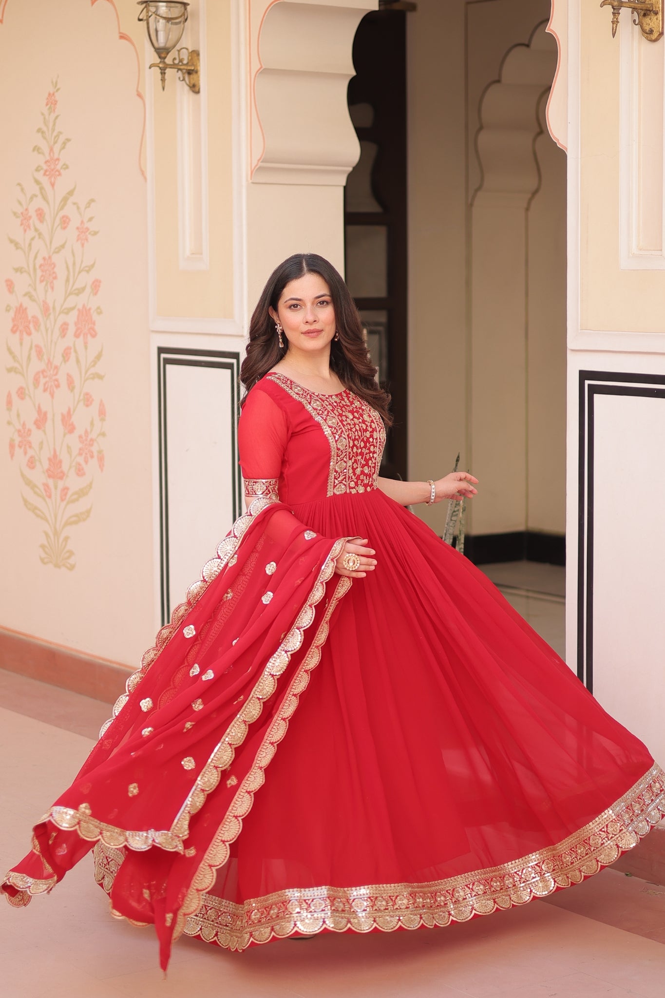 Embroidery Zari Sequins Work Designer Gown With Dupatta Set