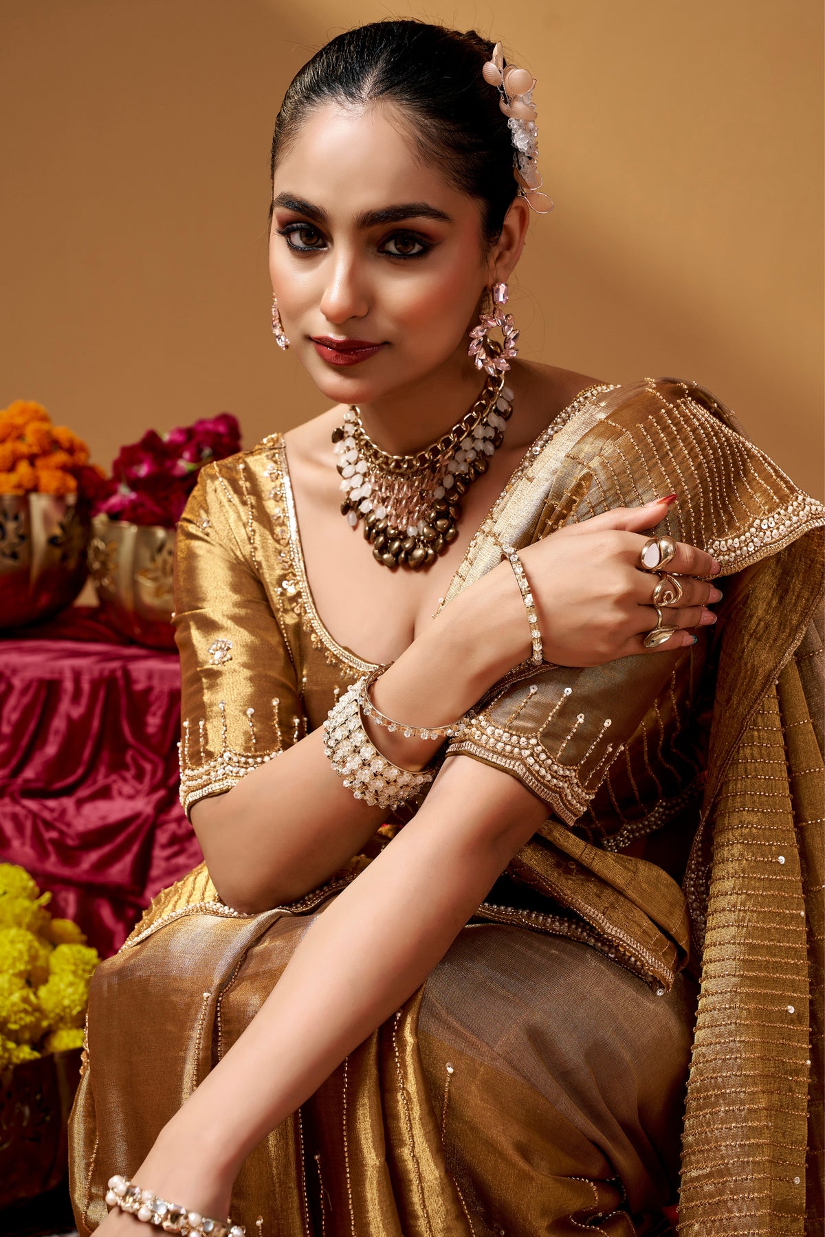 Kanjivaram Zari Tissue Designer Hand Embroider And Tube Beads Wedding Saree