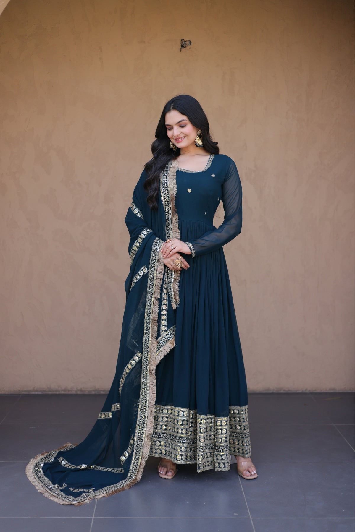 Designer Faux Blooming Anarkali Gown With Dupatta Set