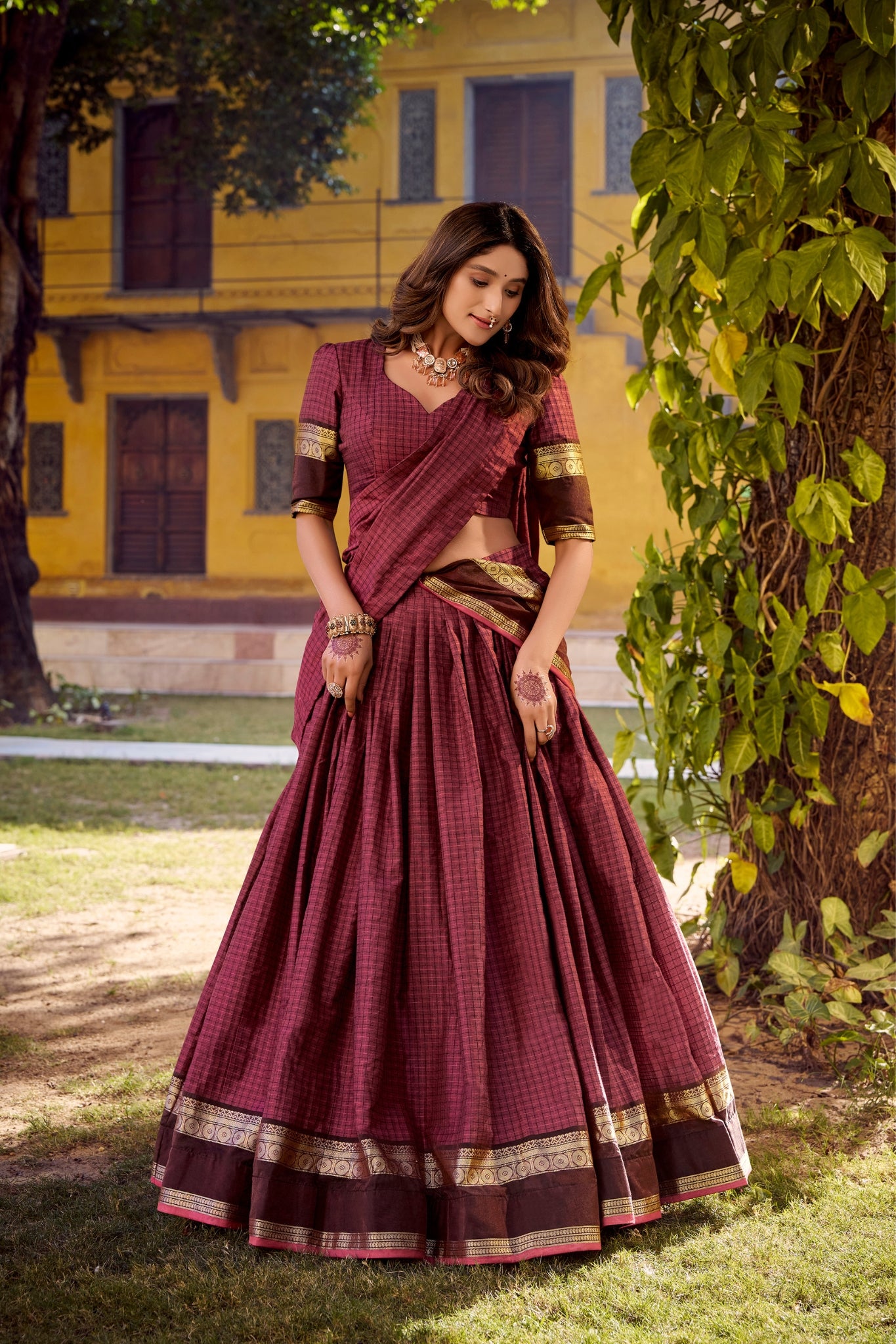 Premium Chettinad Cotton Zari Weaving South Indian Ethnic Lehenga Set