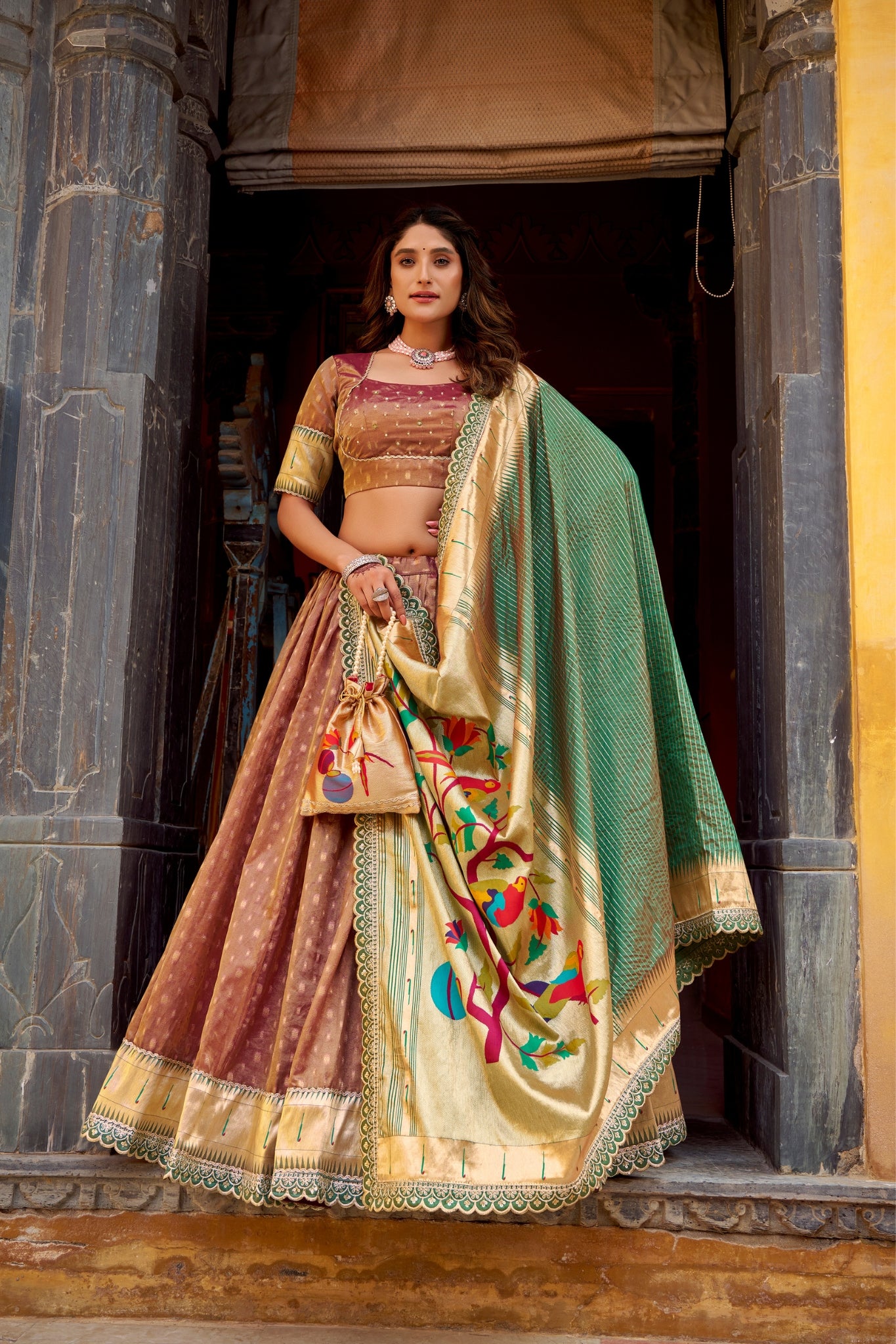 Designer Shimmer Organza Lehenga Set With Intricate Zari Weaving