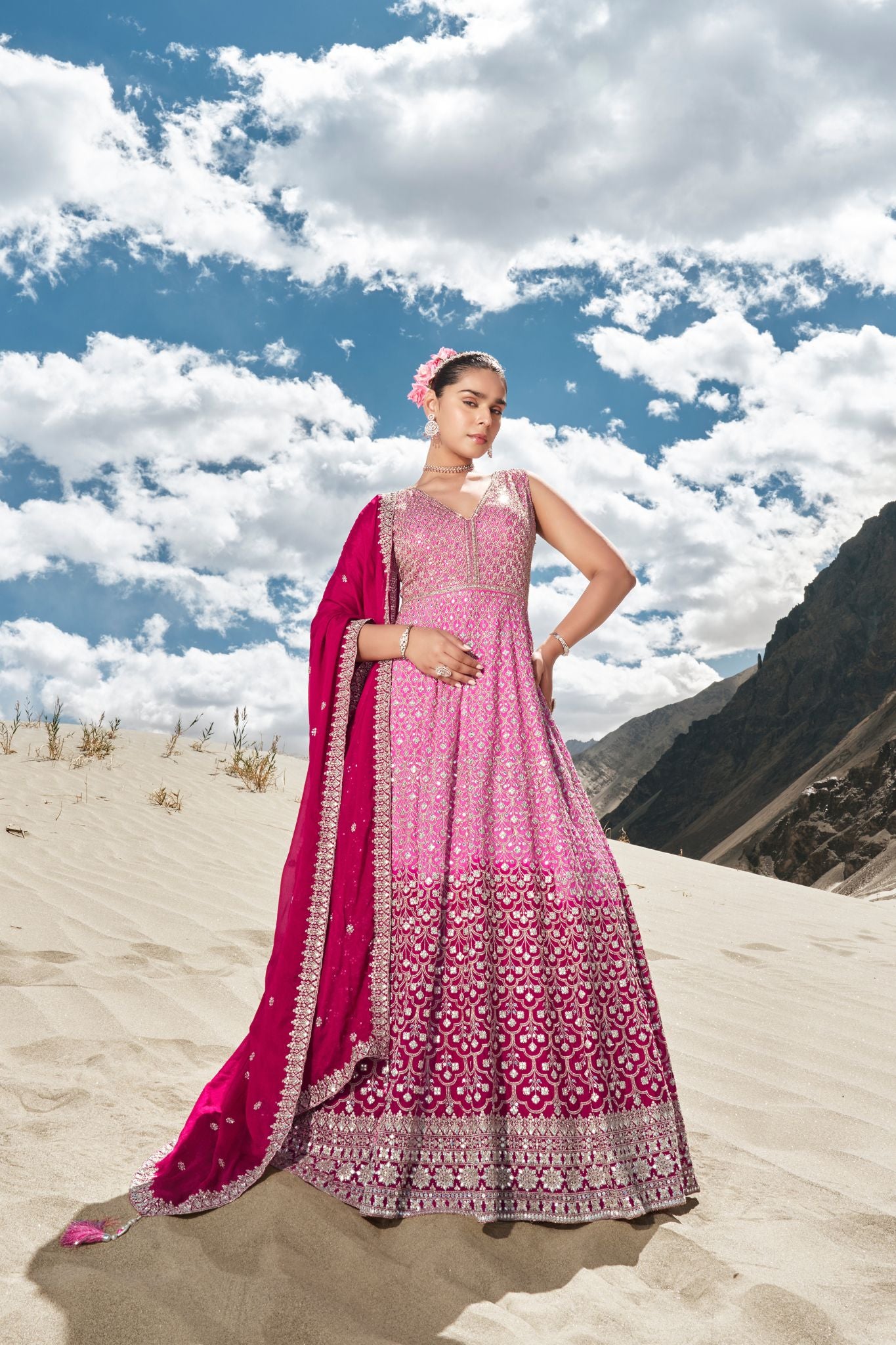 Pink Beautiful Sequins Embroidered With Khatli Work Women Wedding Gown