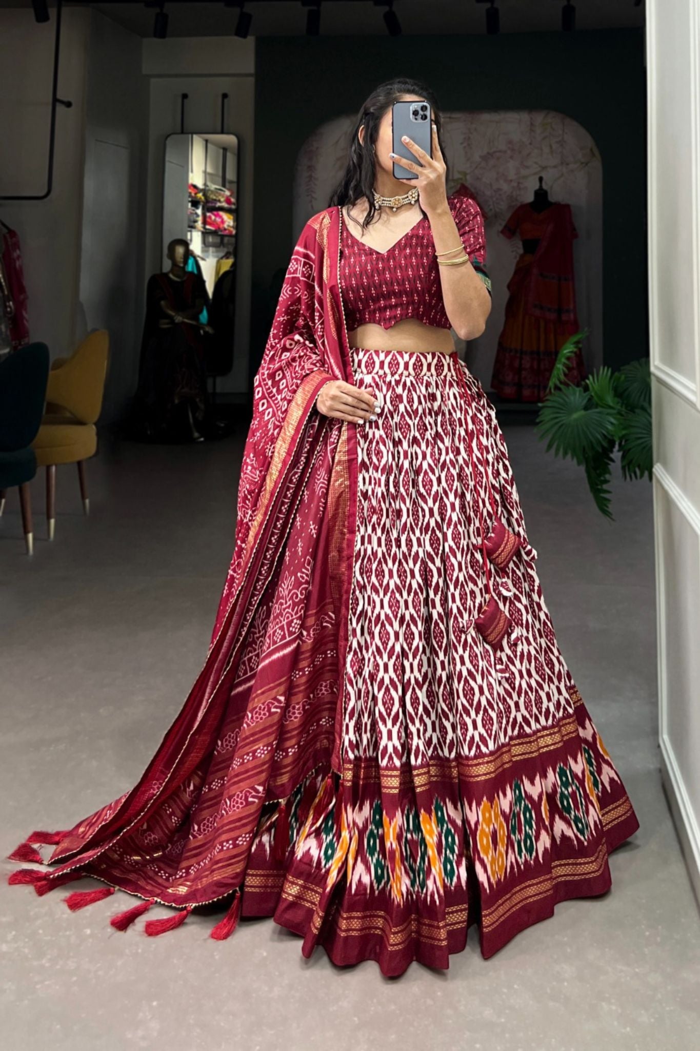 Stylish Ikkat Print Foil Work Lehenga Choli