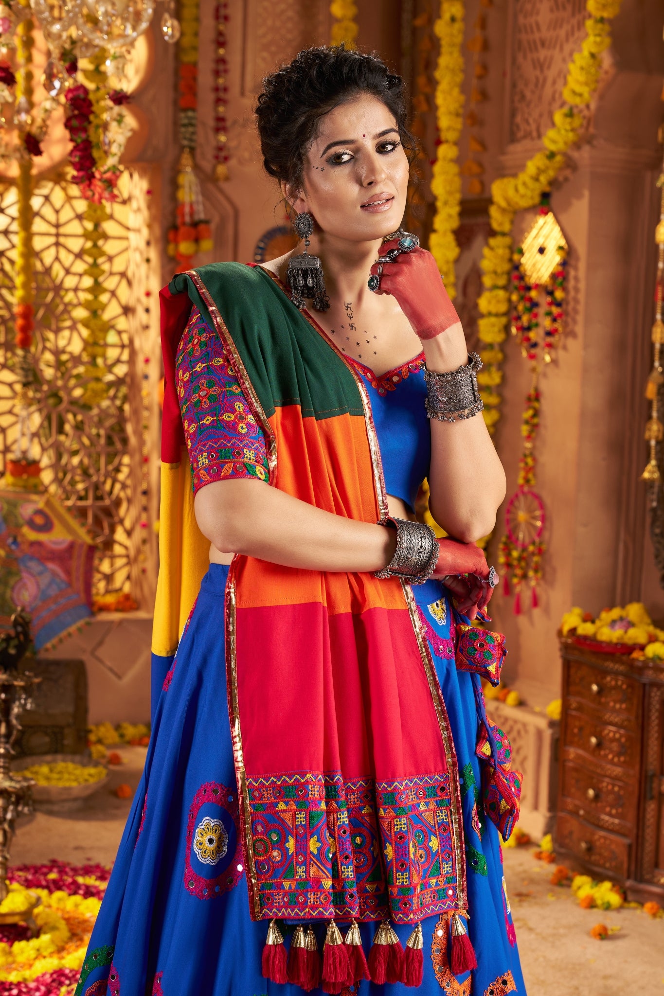 Viscose Cotton Elegant Thread Embroidered With Mirror Work Traditional Navratri Lehenga Choli