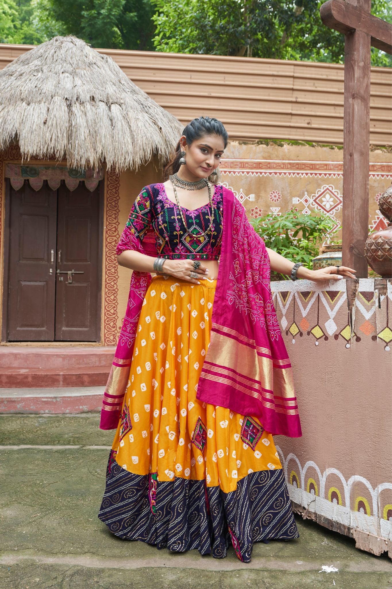 Yellow Embroidered And Mirror Work With Printed Lehenga Choli