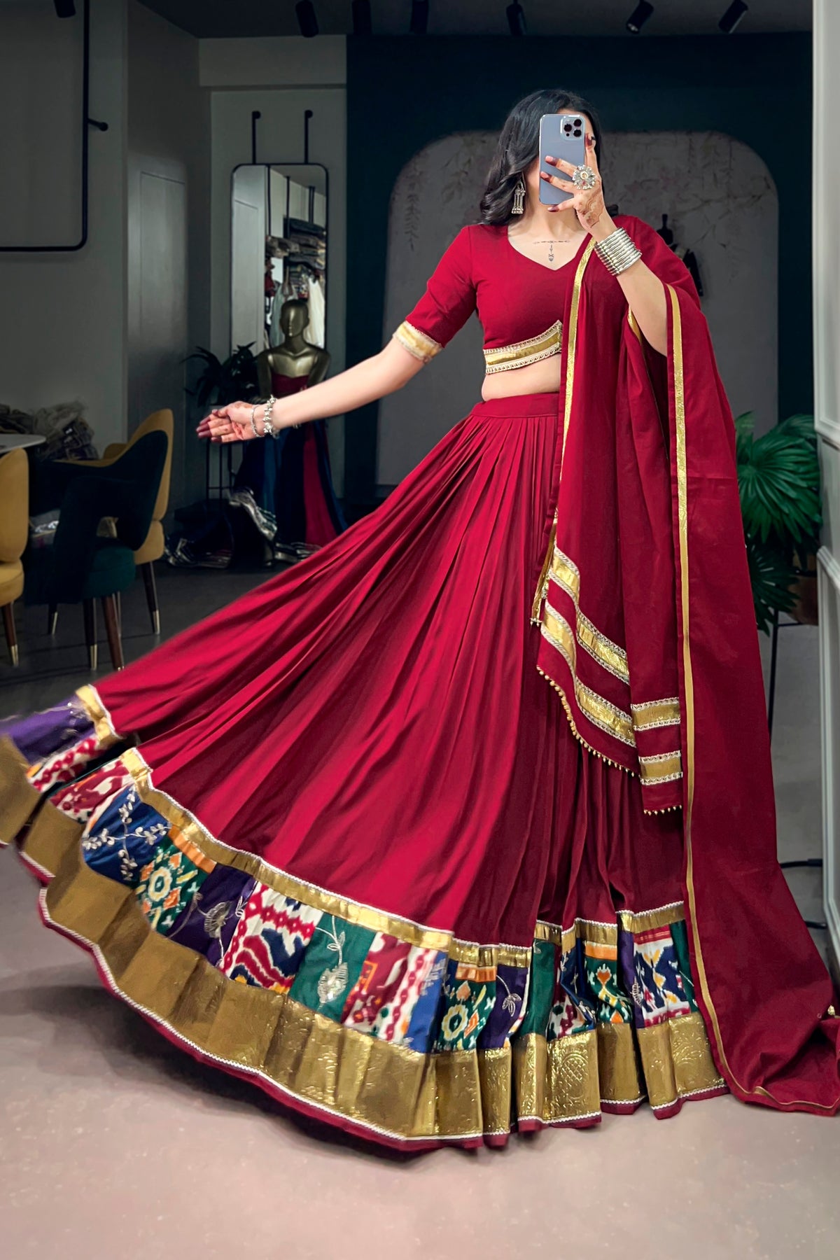Maroon Rayon Designer Lehenga Choli With Multicolor Ikat Print Border