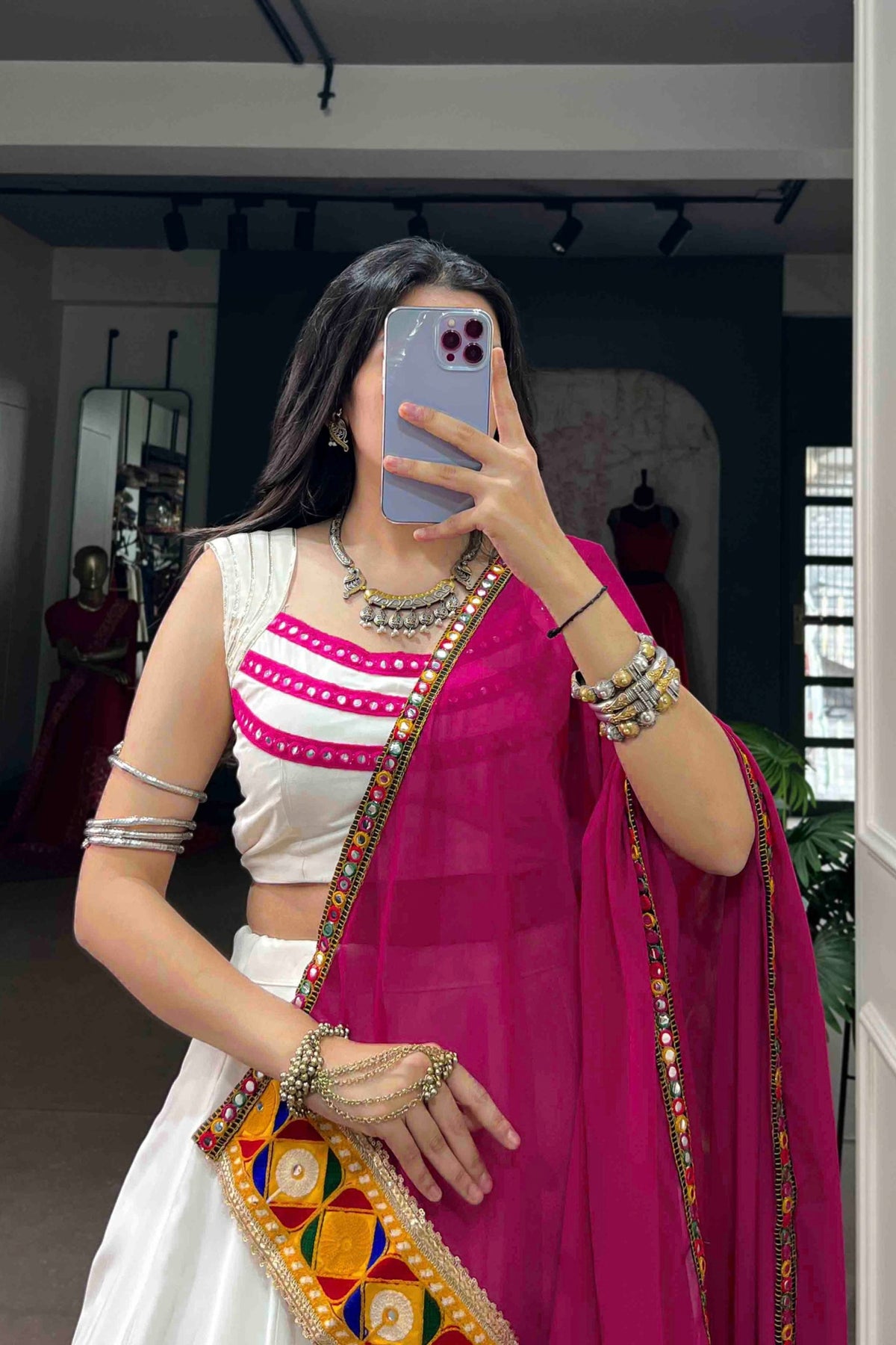Rayon Navratri Designer White & Rani Pink Gamthi Lace Mirror Work Lehenga Choli With Dupatta