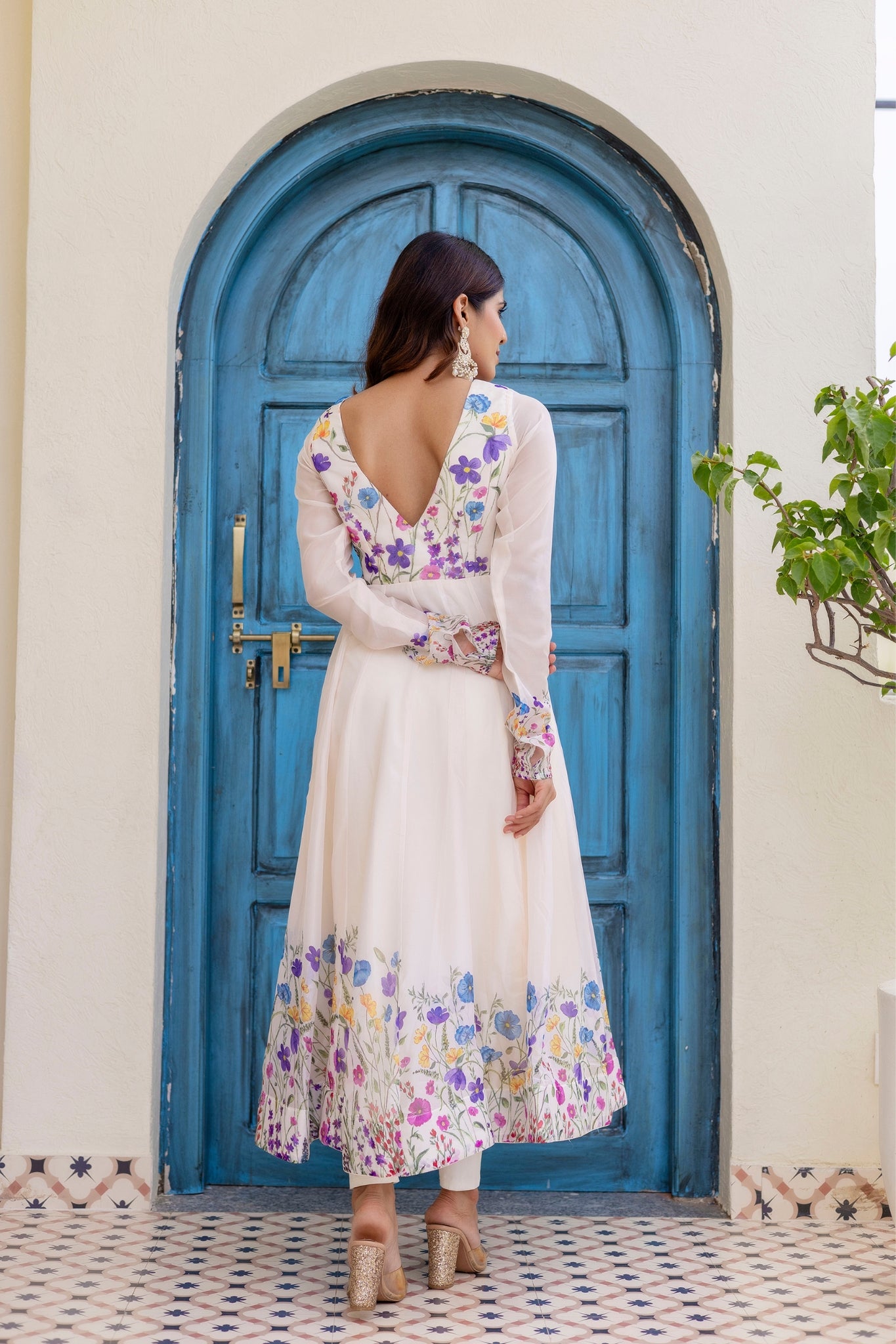 Ivory Floral Printed Organza Anarkali Set With Dupatta