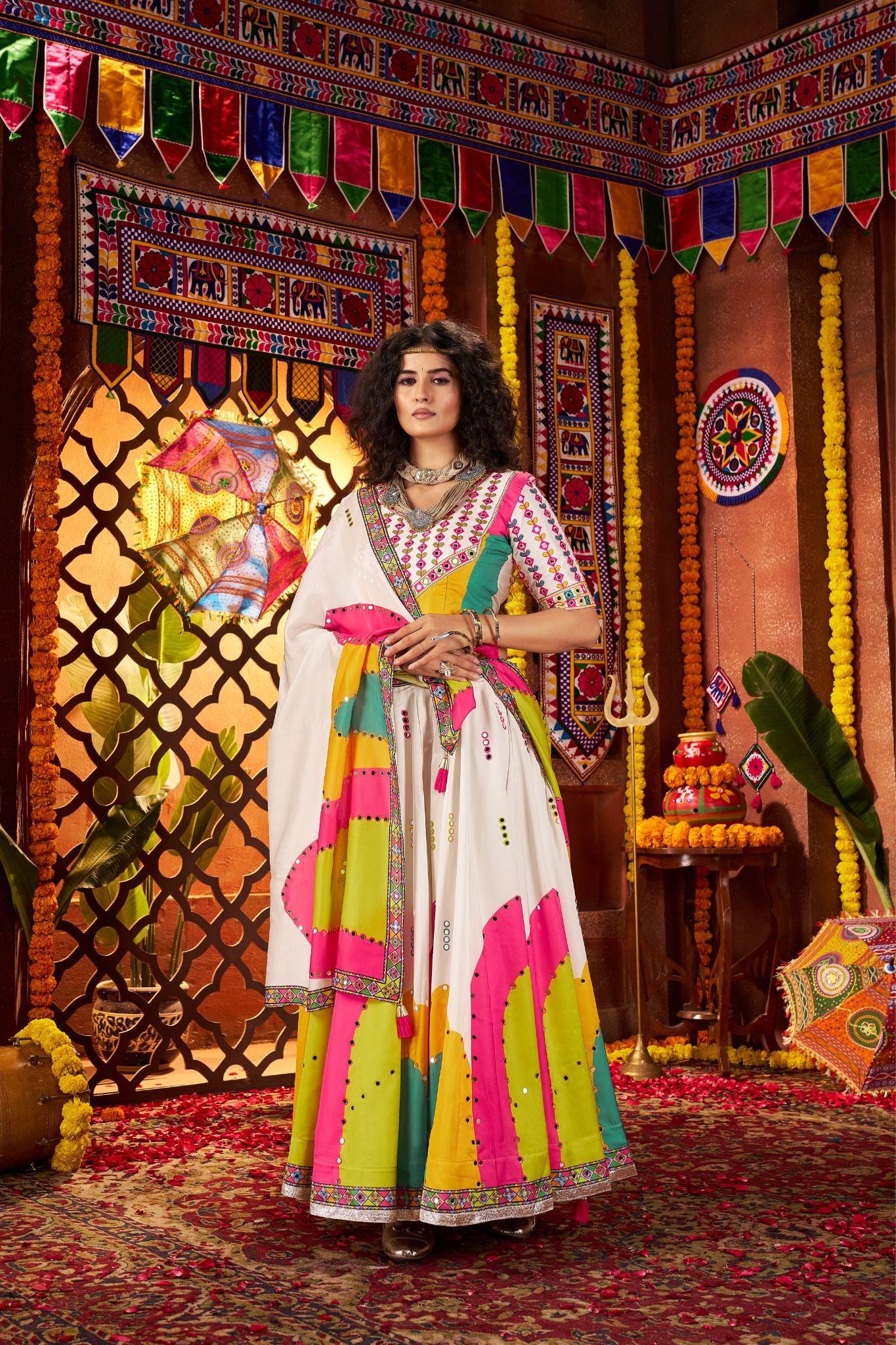 Designer White Lehenga Choli For Navratri With Mirror And Hand Embroidery Work