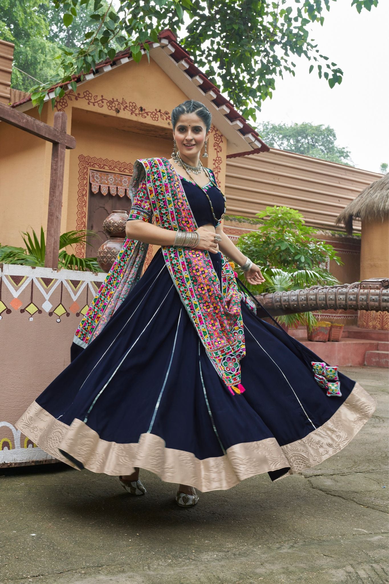 Navy Blue Viscose Rayon Embroidery With Mirror Work Navratri Chaniya Choli