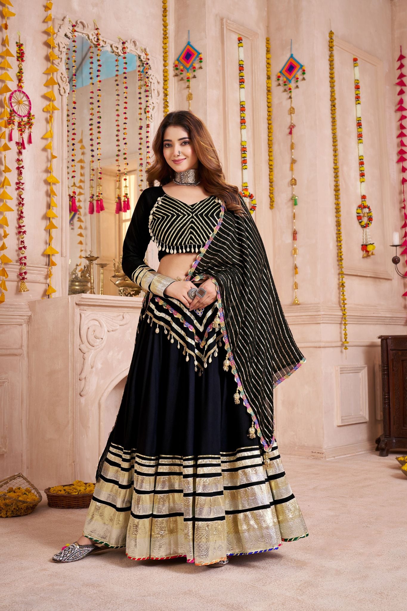 Black Handmade Designer Navratri Lehenga Choli With Jacquard Dupatta