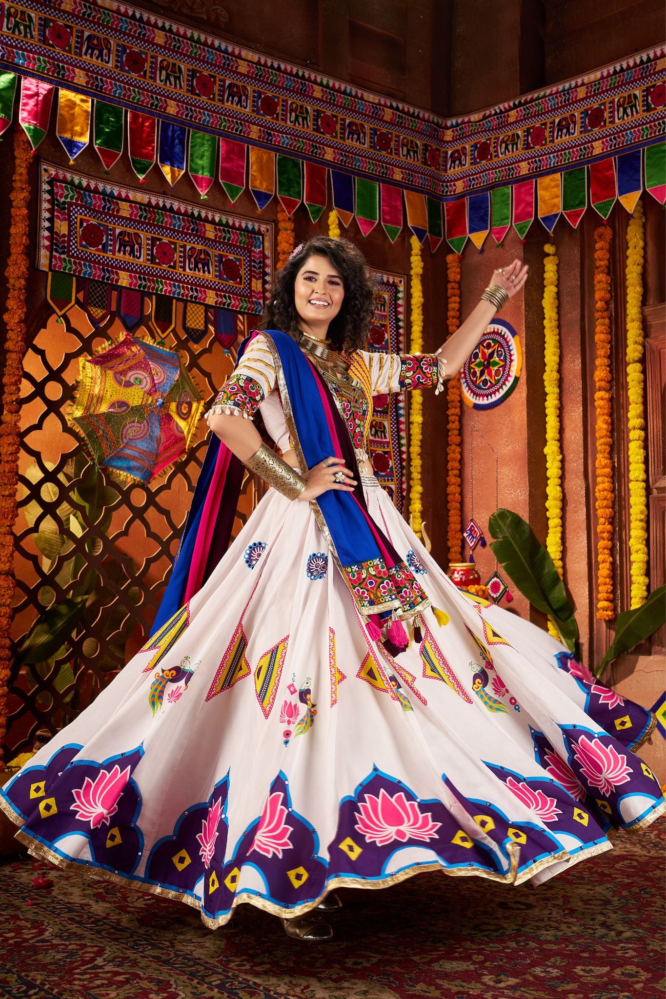 Designer White Navratri Lehenga Choli With Mirror And Hand Embroidery Work