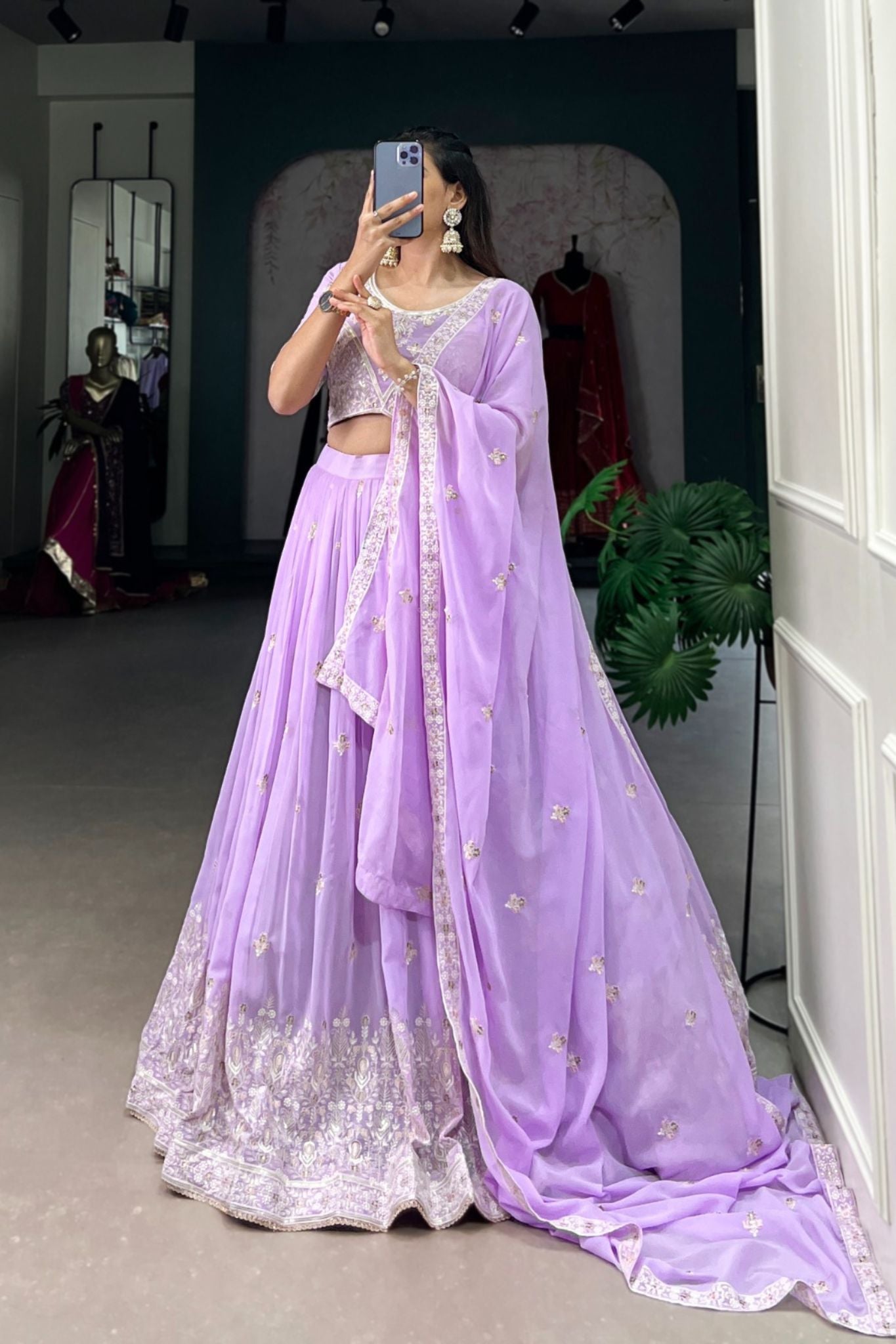 Lavender Georgette Sequins With Thread Embroidery Work Lehenga Choli