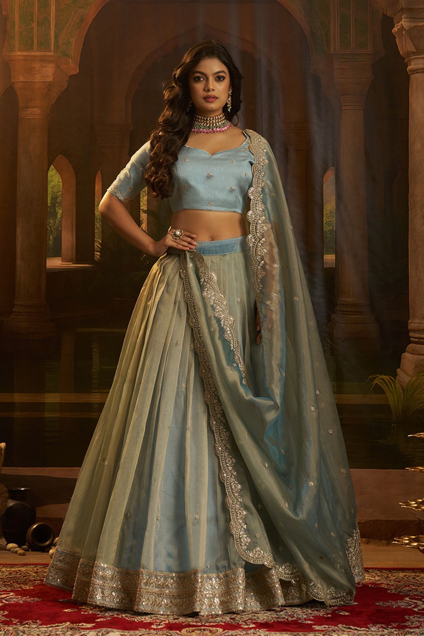 Sky Blue Premium Hiranya Silk Lehenga Set Featuring Art Silk Blouse And Detailed Embroidered Dupatta