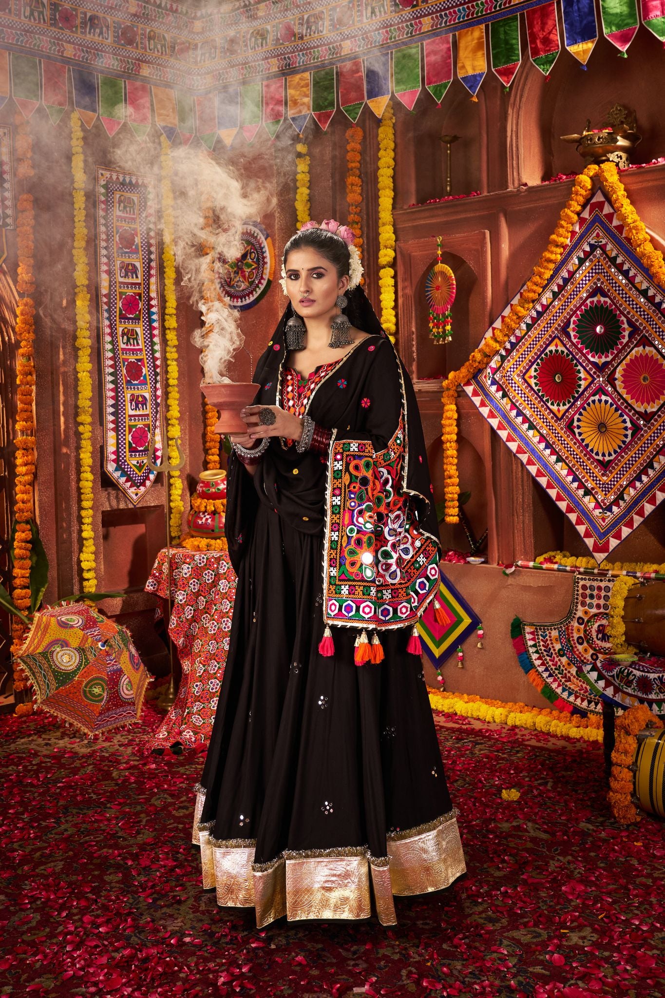 Black Thread With Mirror Hand Work Viscose Cotton Navratri Lehenga Choli