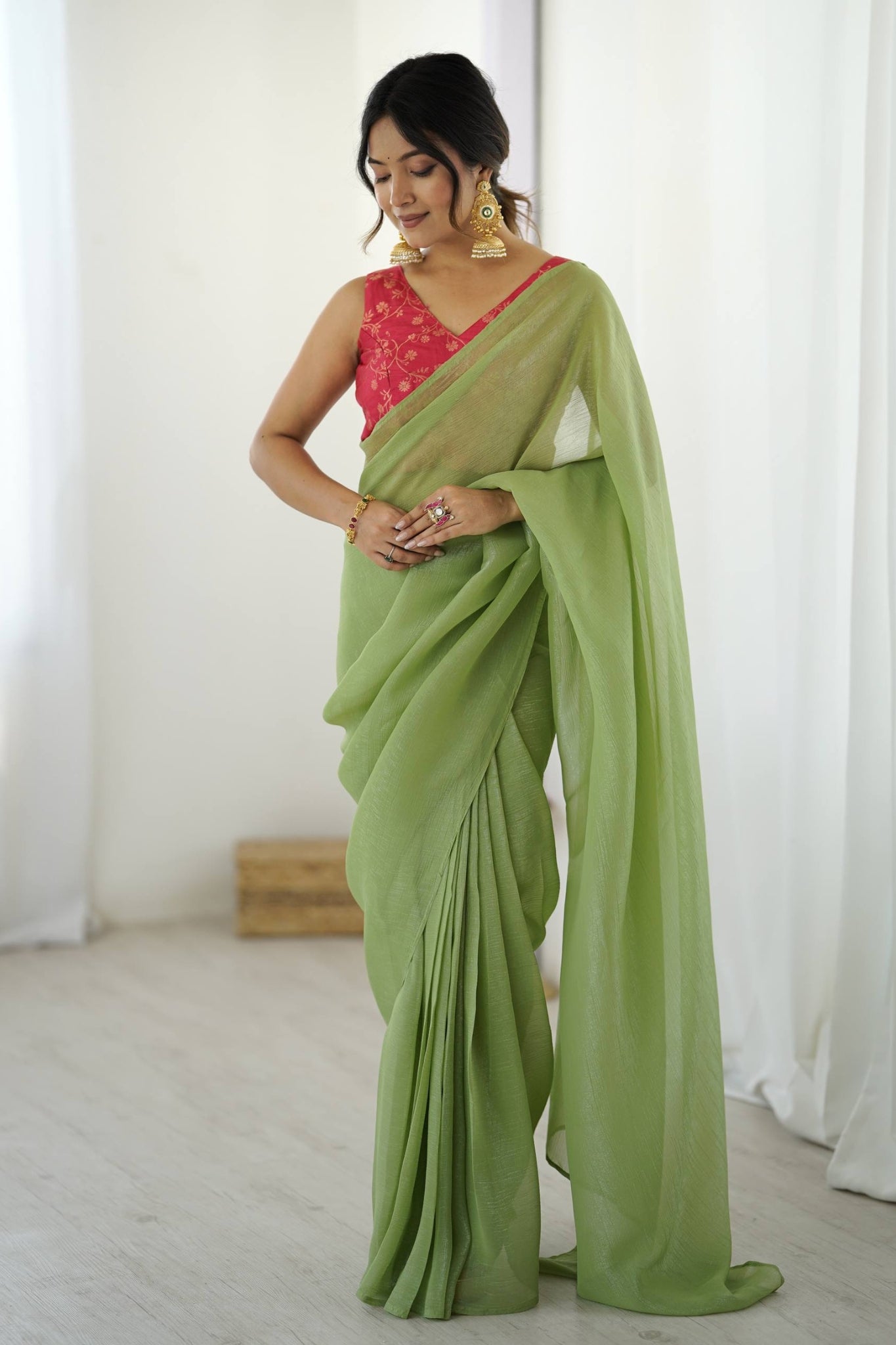 Ready To Wear Green Sparkle Silk Saree With Heavy Banarasi Blouse