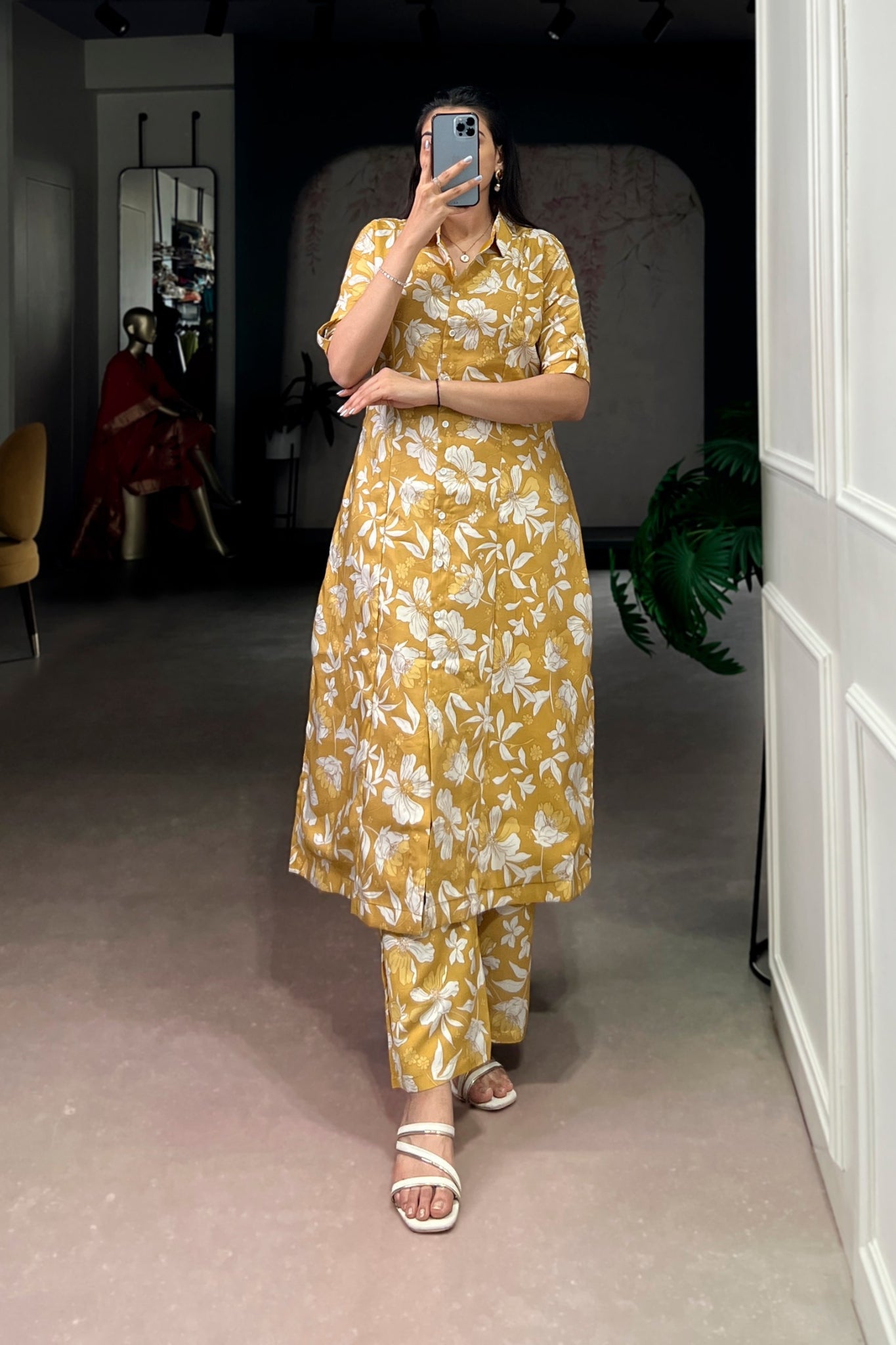 Floral Foil Print Chanderi Kurta Pant Set For Women