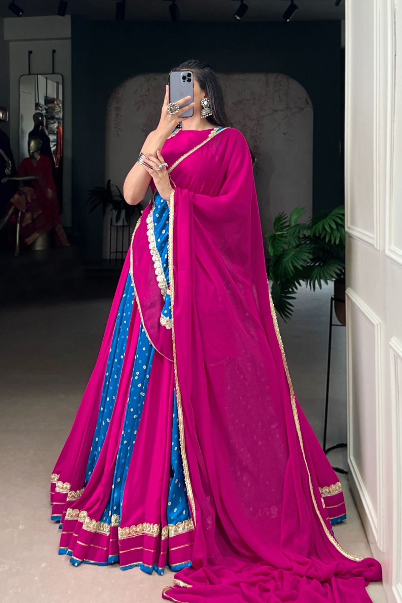 Pink And Blue Designer Bandhej Print Beautiful Lehenga Choli