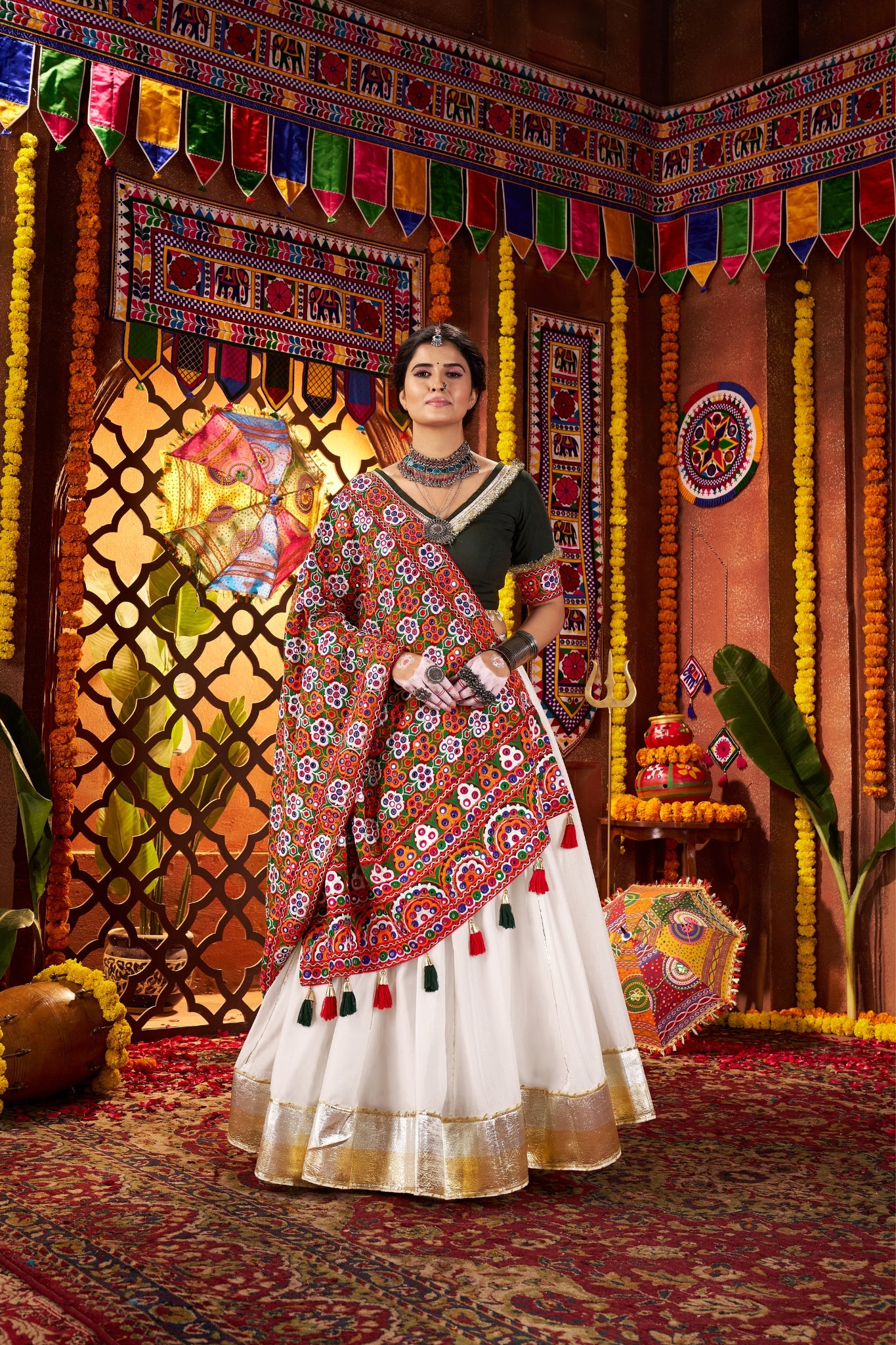 Beautiful White Designer Silk Navratri Special Lehenga Choli Set