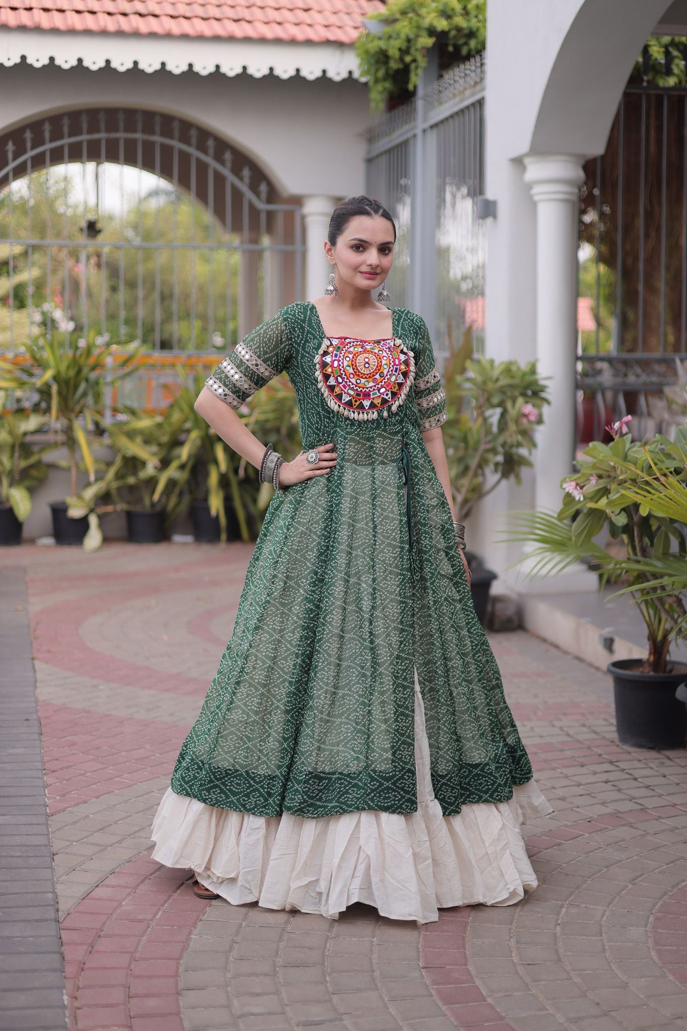 Raasrang Navratri Designer Kora Cotton Lehenga With Kutchi Patchwork Bandhani Print Kurti For Garba & Dandiya