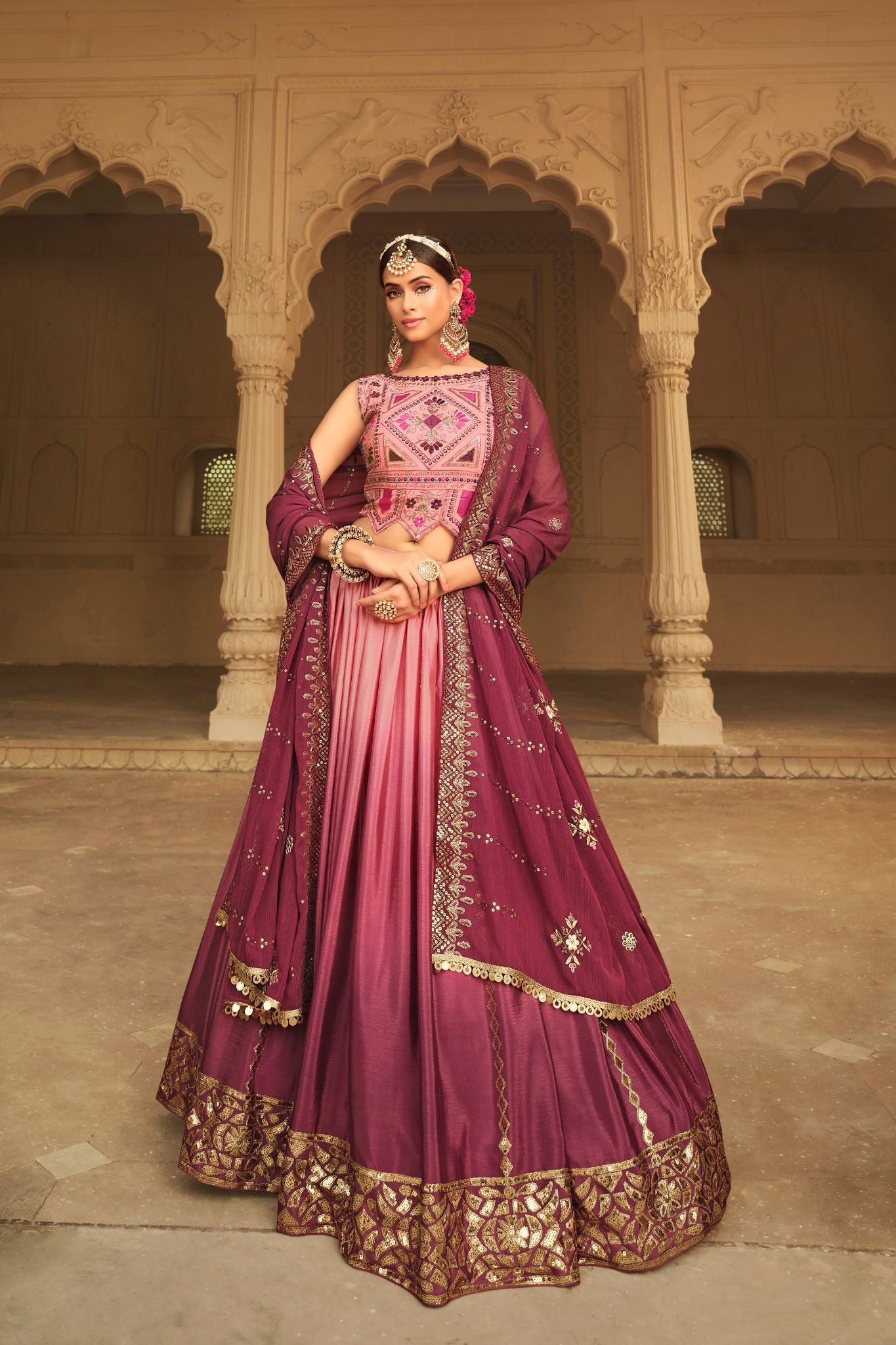 Pink To Magenta Wedding Designer Thread With Sequince Embroidered Work Lehenga