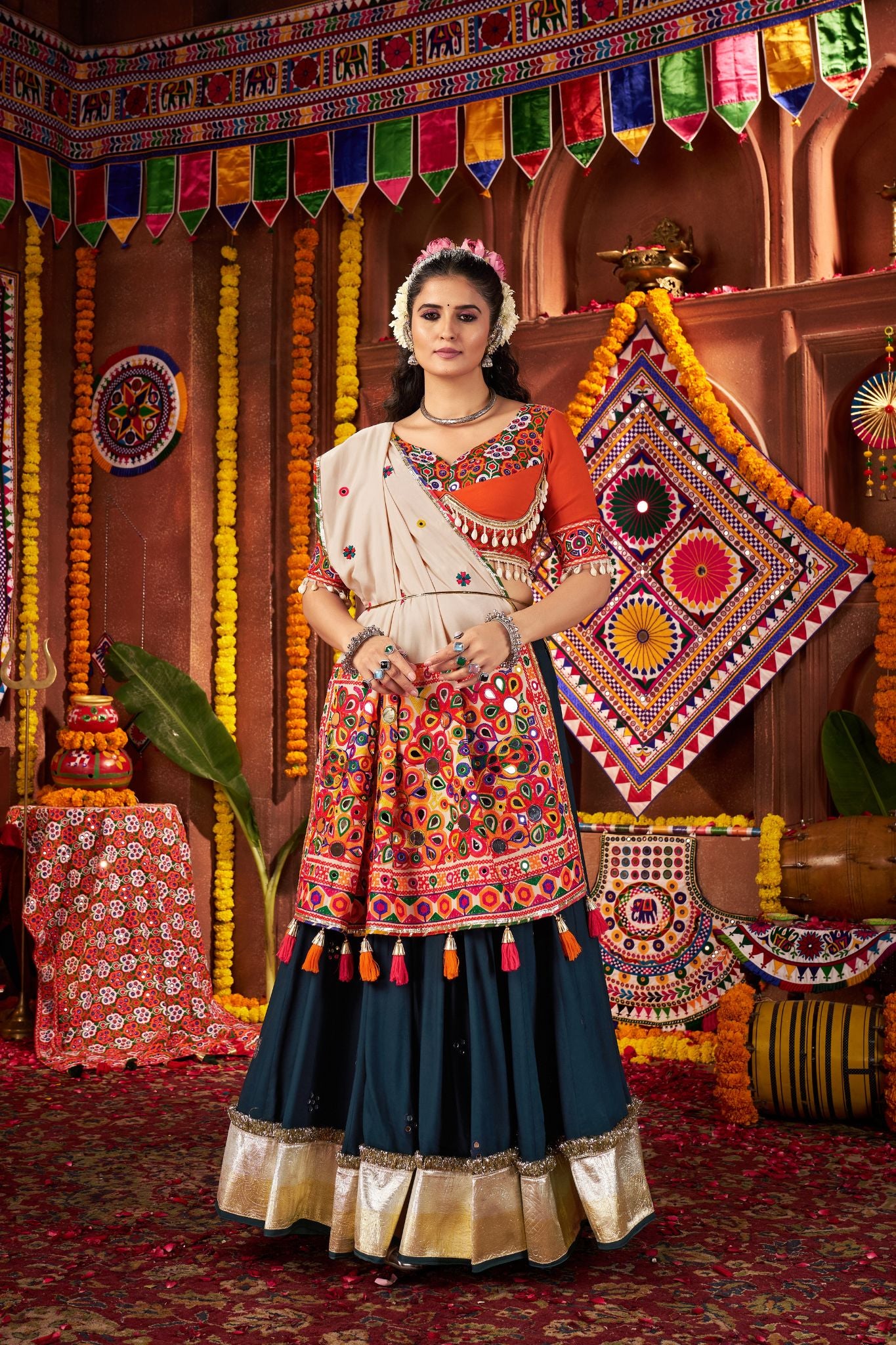 Teal Blue Designer Festive Lehenga Choli In Viscose Cotton And Perfect For Dandiya Nights