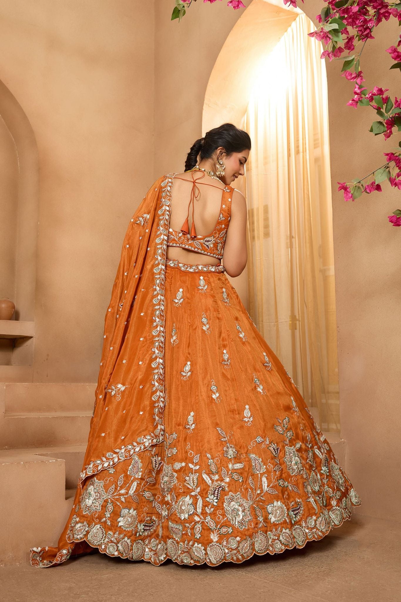 Rust Orange Pure Tissue Designer Lehenga Choli with Heavy Embroidery