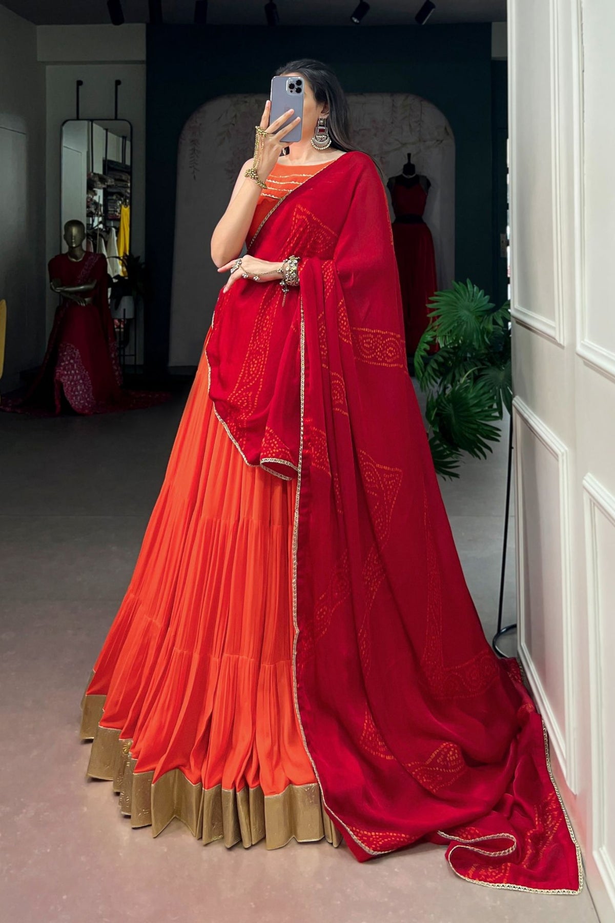 Orange Rayon Navratri Lehenga Choli With Chiffon Dupatta