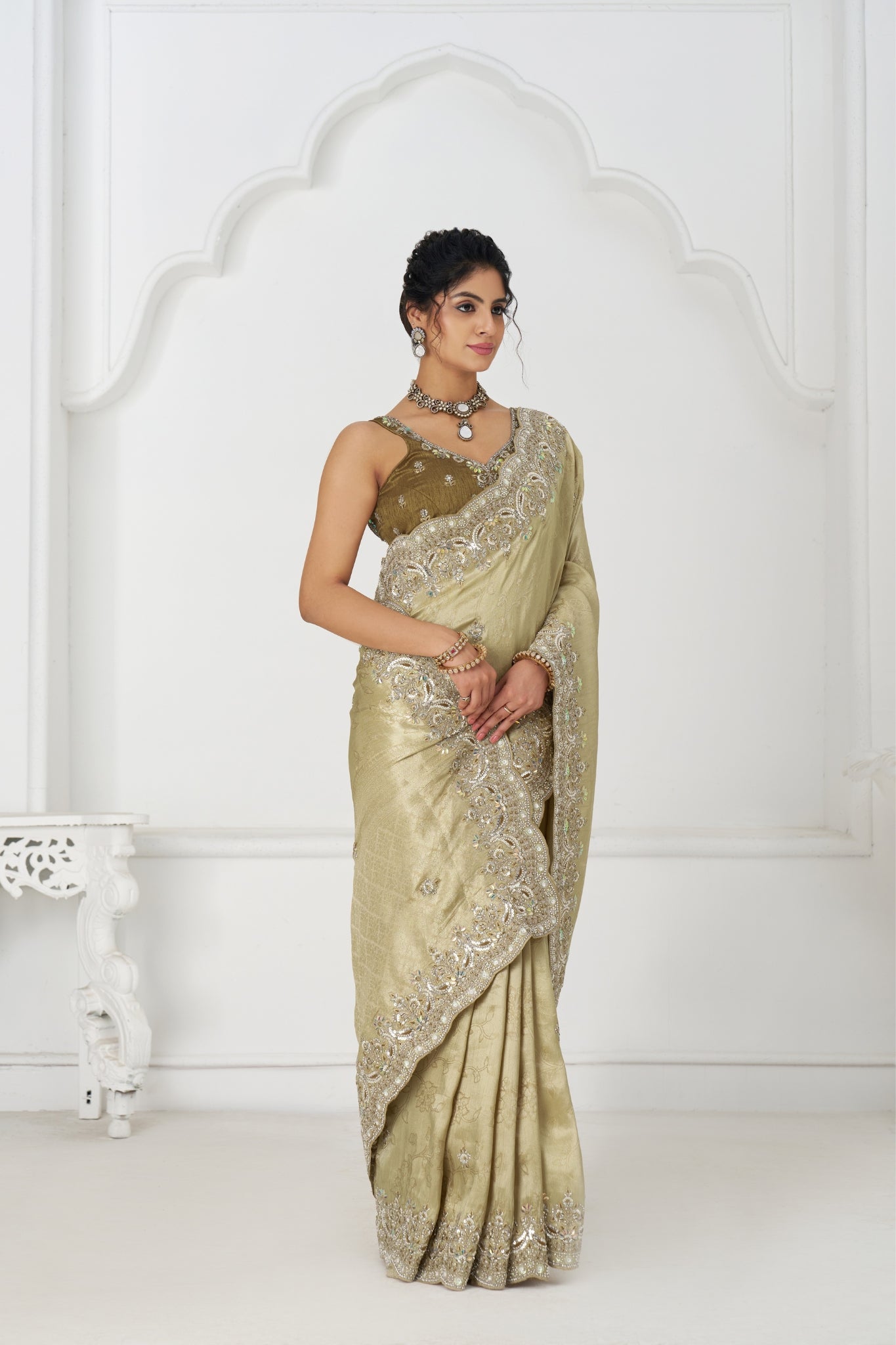 Champagne Dola Viscose Silk Saree For Wedding With Beads Embroidery & Sequins Work