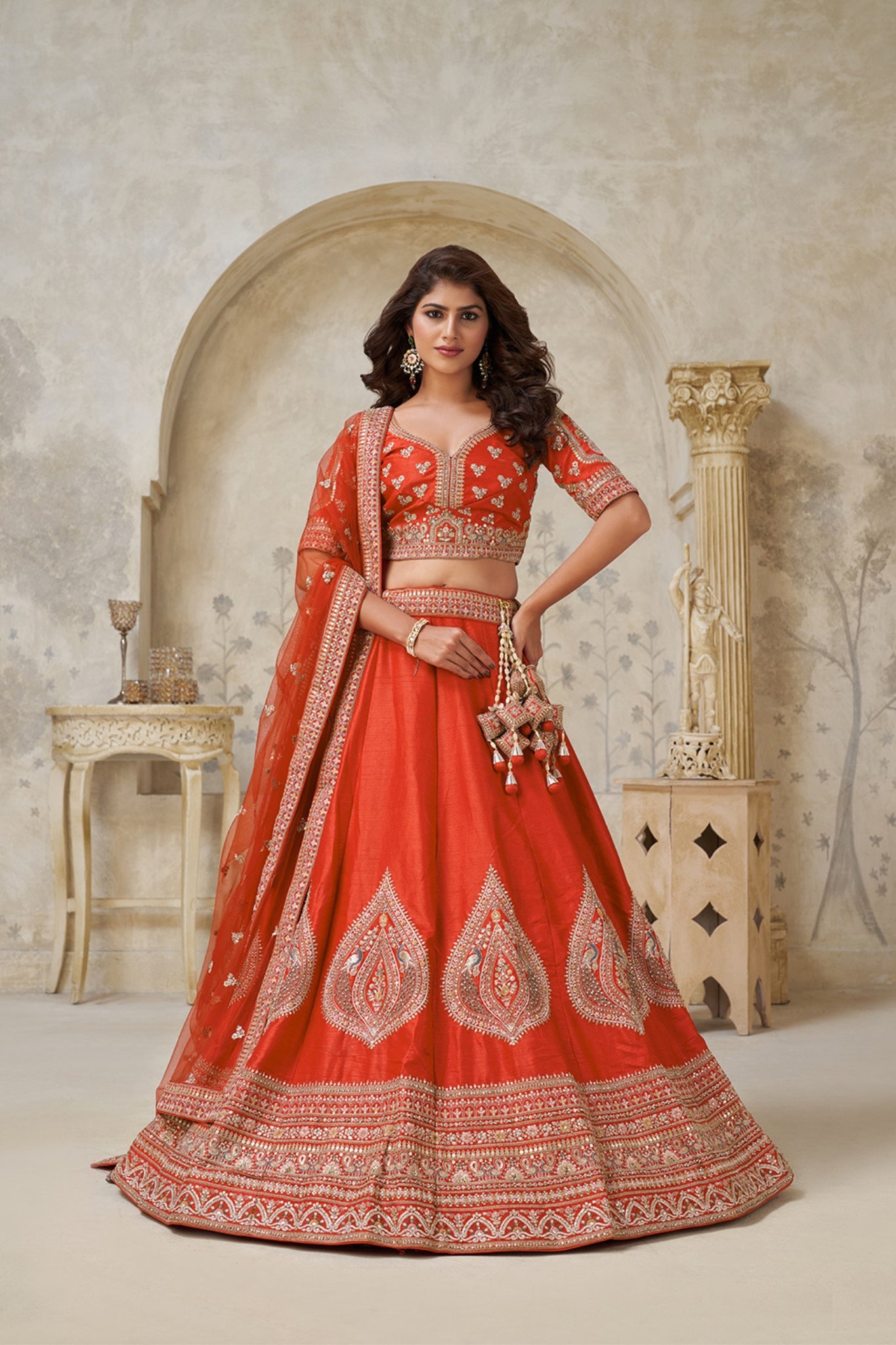 Crimson Elegance Minimalist Peacock And Leaf Motif Bridal Lehenga