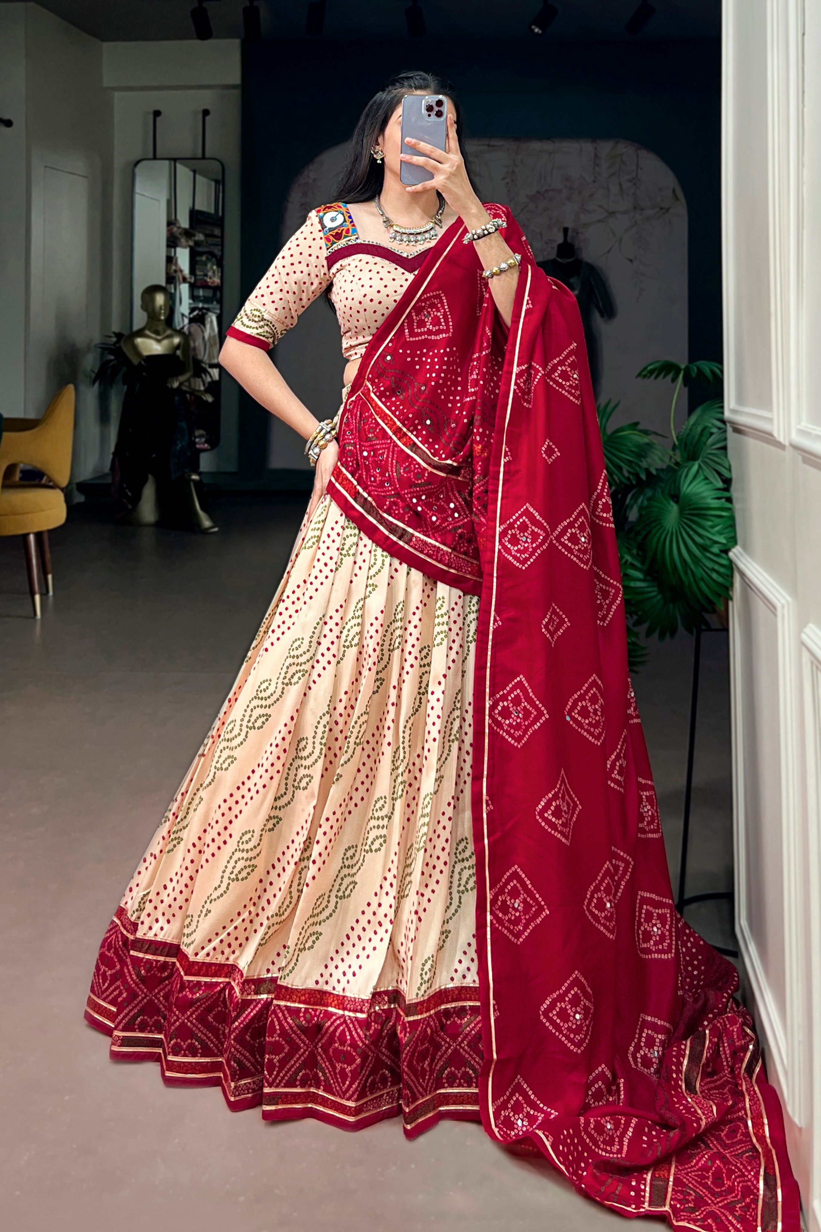 Tasar Silk Bandhani Print Designer Lehenga Choli for Navratri