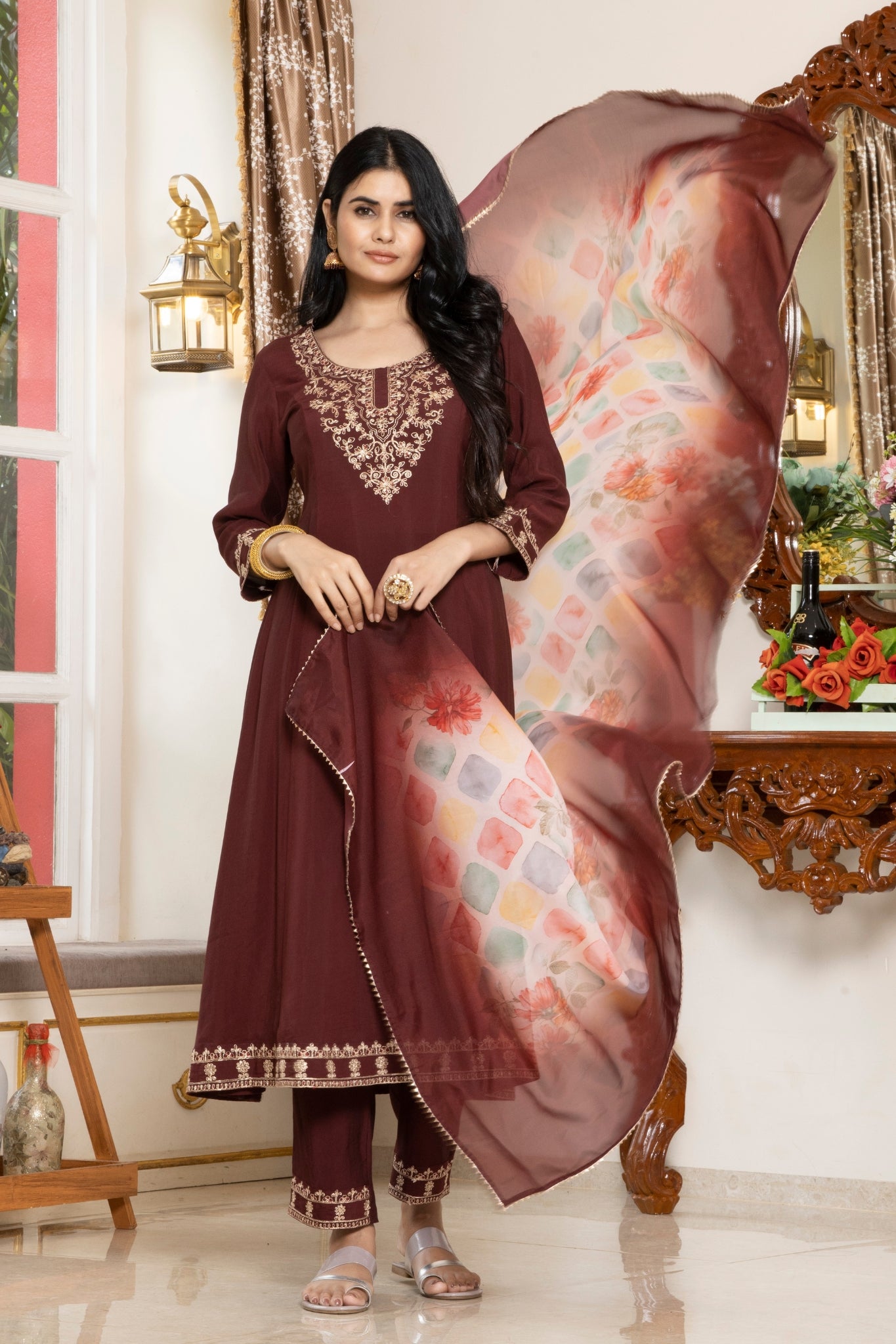 Maroon Straight-Cut Kurta Set With Gold Embroidery And Sheer Dupatta
