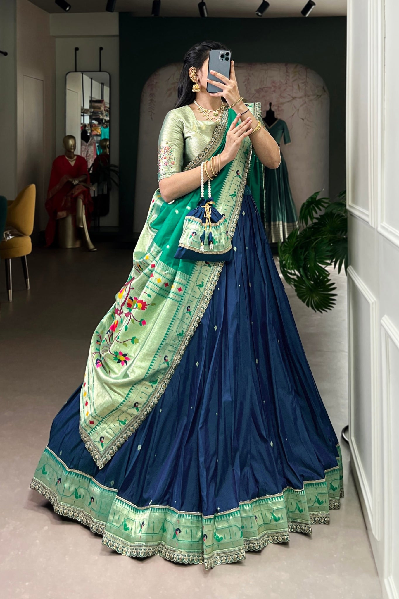 Designer Premium Paithani Soft Silk Zari Weaving Sequins With Thread Embroidery Lehenga Set